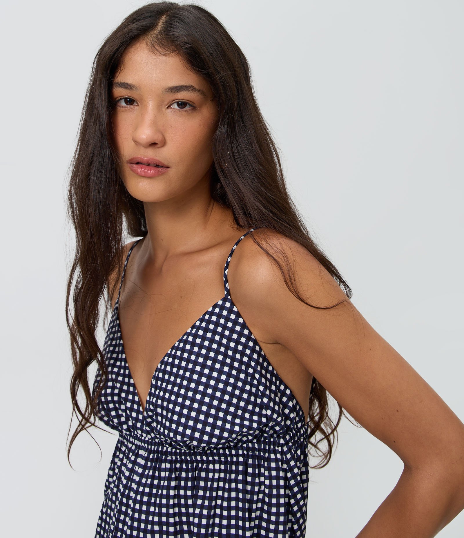 Vestido Curto em Tricoline com Estampa Xadrez Quadriculado Azul Escuro 4