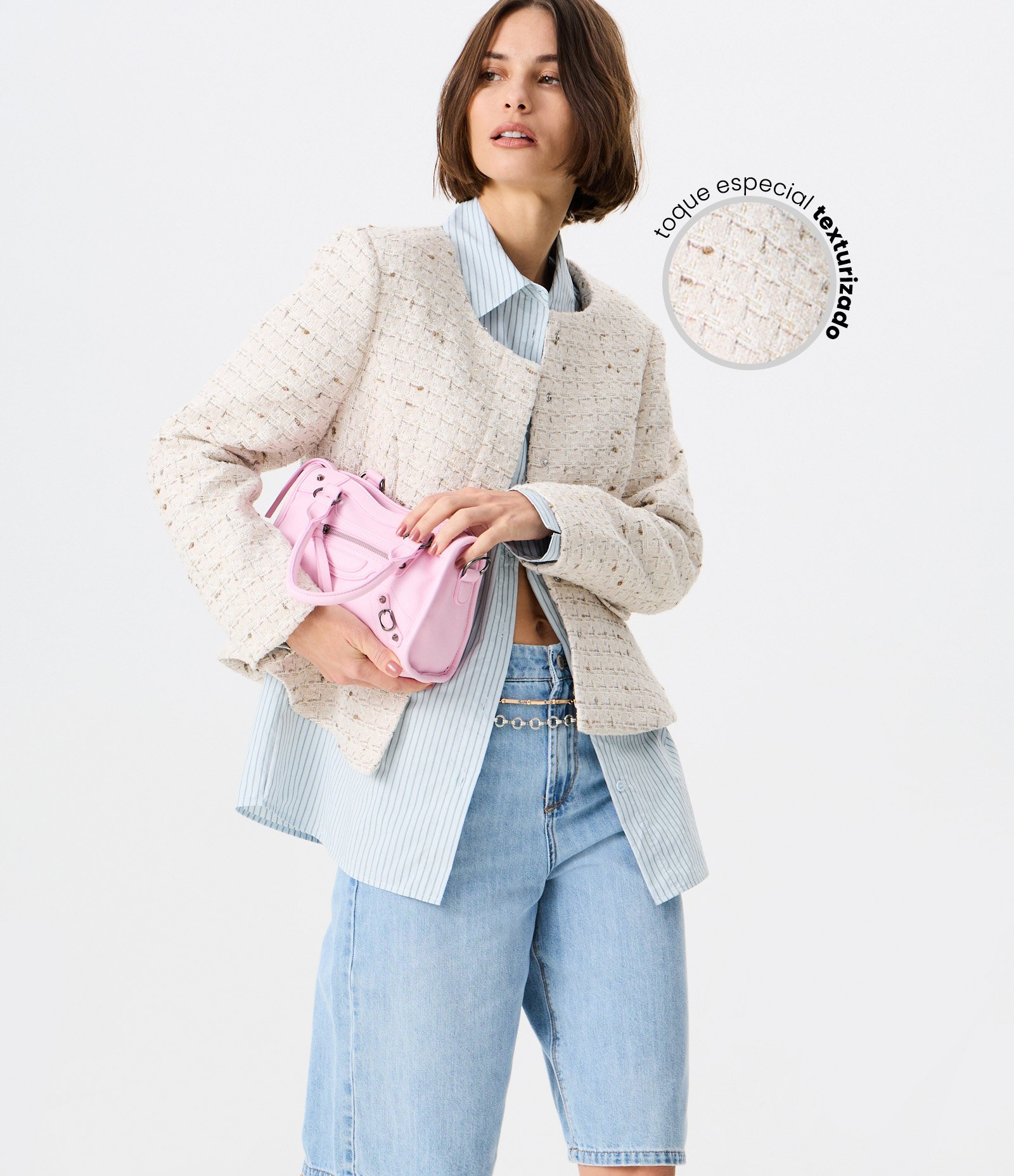 Casaqueto Acinturado em Tweed com Barra Peplum Bege 1