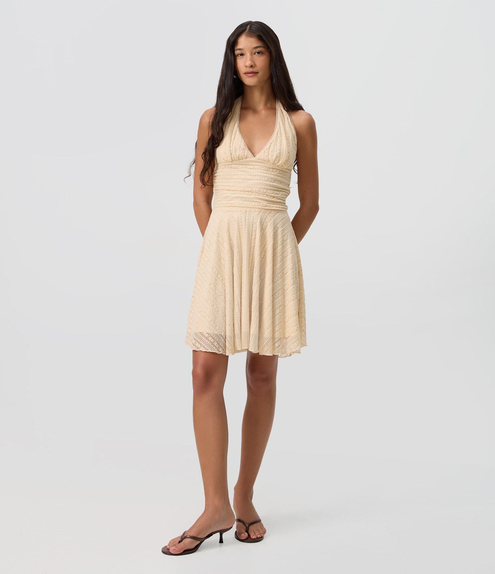 Vestido Midi Frente Única em Renda com Amarração Bege Claro 2