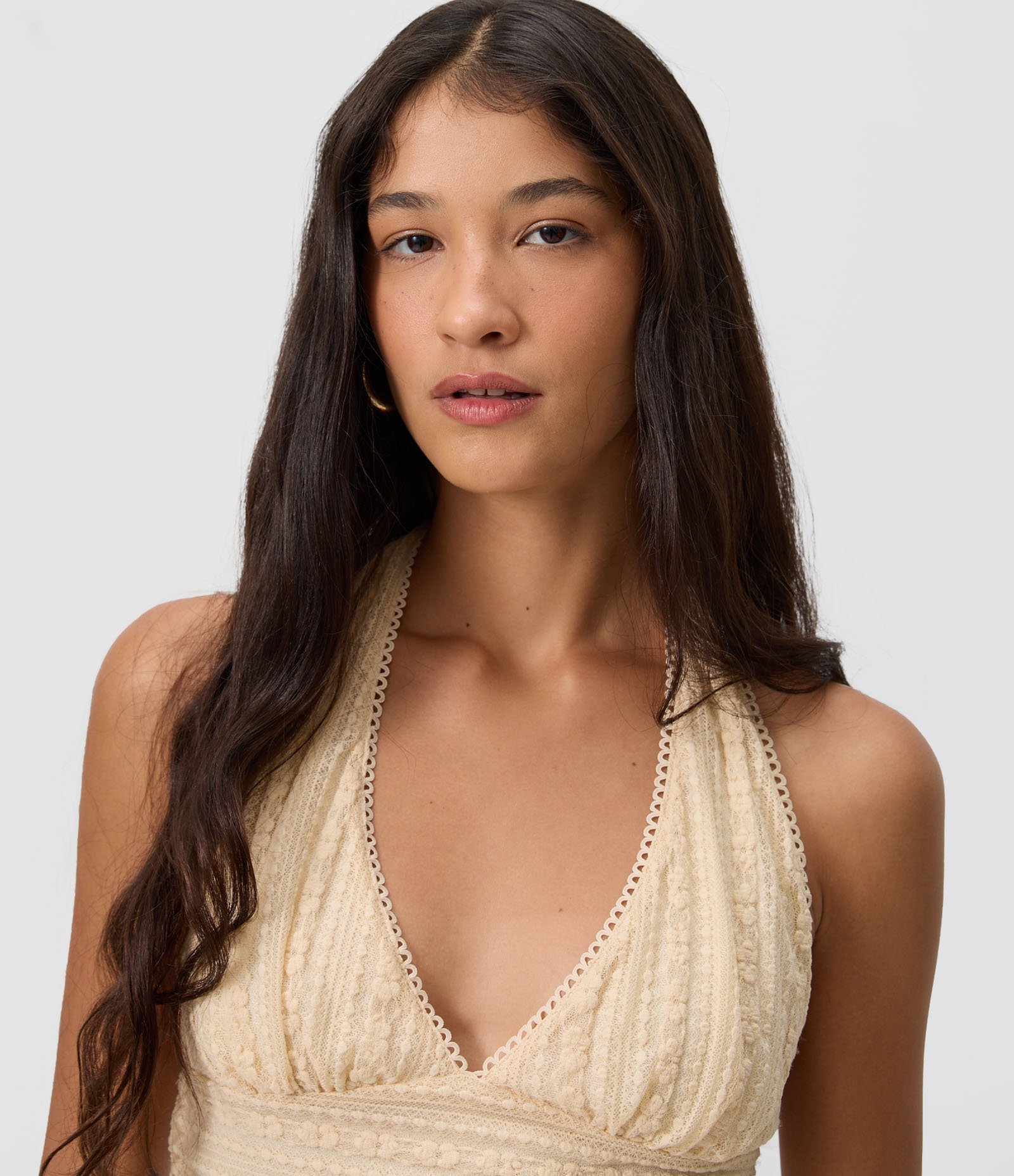 Vestido Midi Frente Única em Renda com Amarração Bege Claro 4