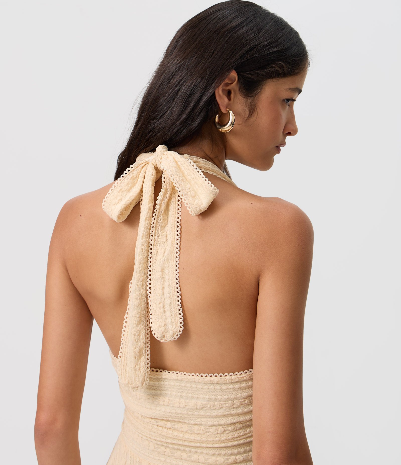 Vestido Midi Frente Única em Renda com Amarração Bege Claro 5