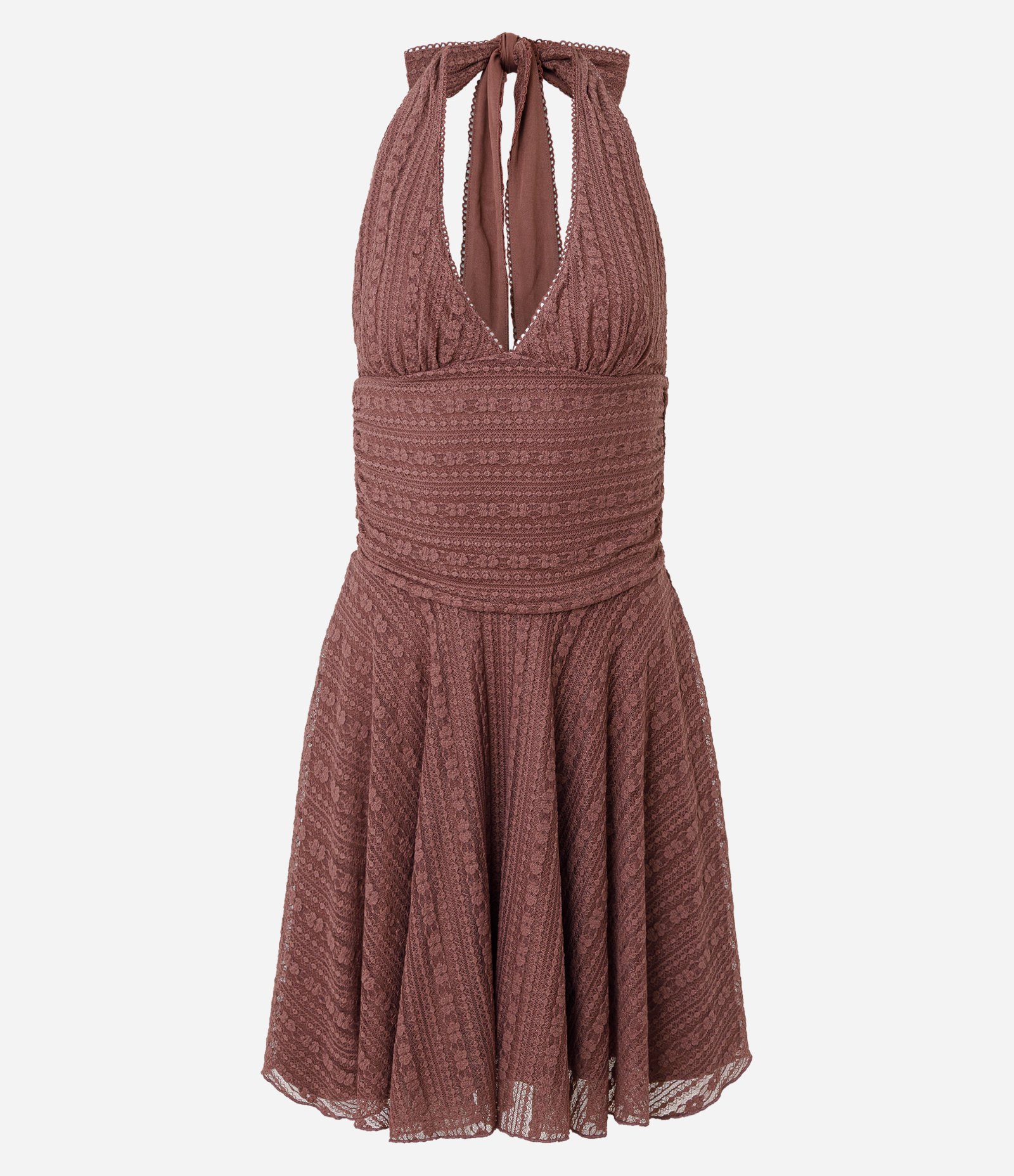 Vestido Midi Frente Única em Renda com Amarração Marrom 5