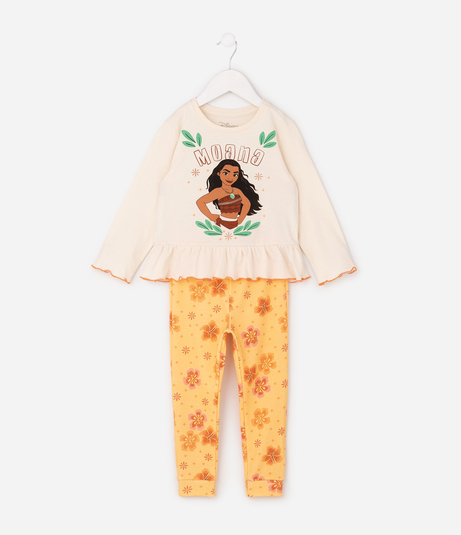 Pijama Infantil Floral com Estampa Moana - Tam 2 a 6 Anos Bege/Amarelo 2