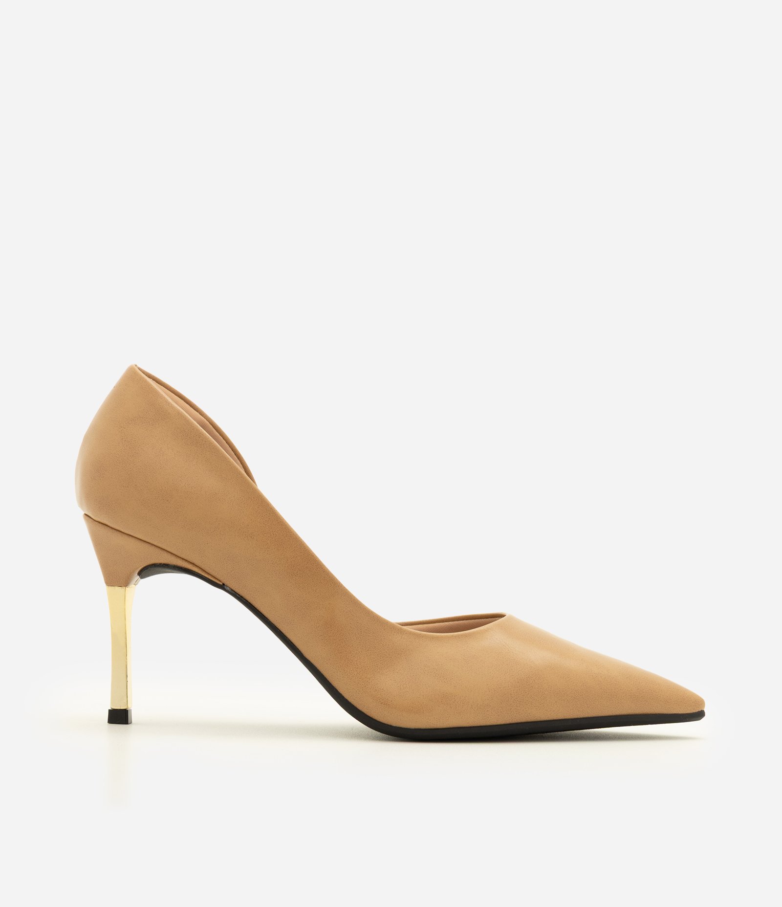 Sapato Scarpin em PU com Salto Alto Cromado Bege 1