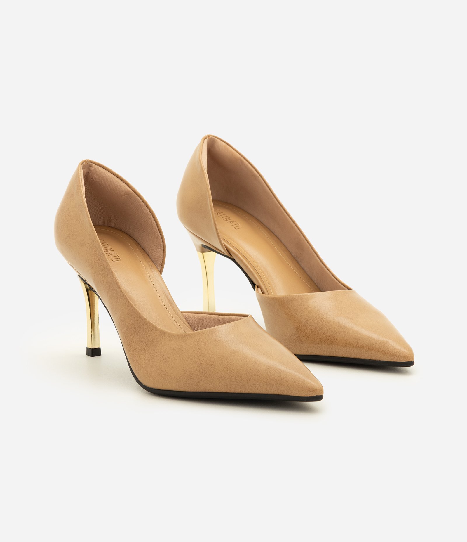 Sapato Scarpin em PU com Salto Alto Cromado Bege 3