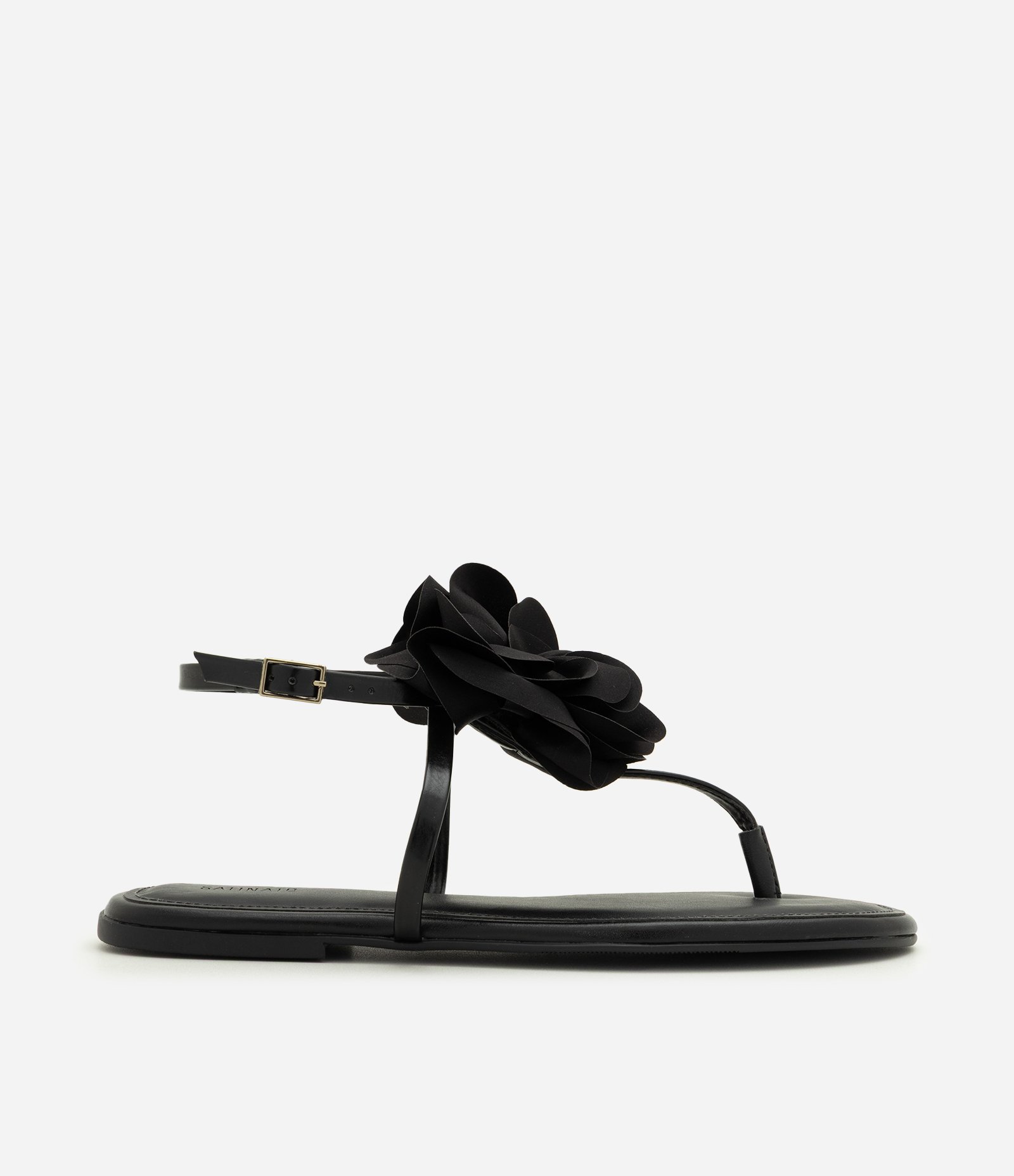 Rasteira em PU com Aplicação de Flor Volumosa Preto 1