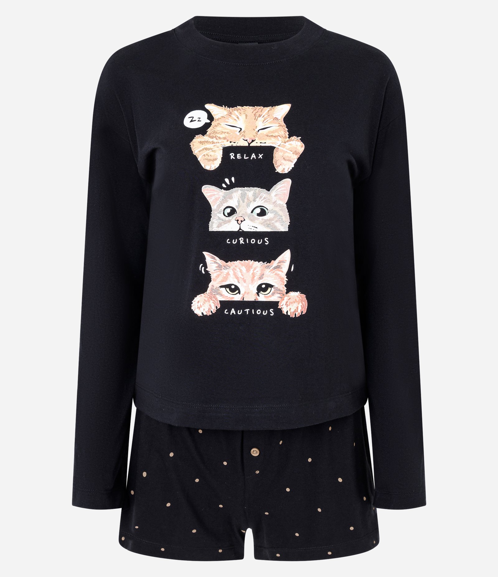 Pijama Curto com Estampa de Gatinhos e Poá Preto 1