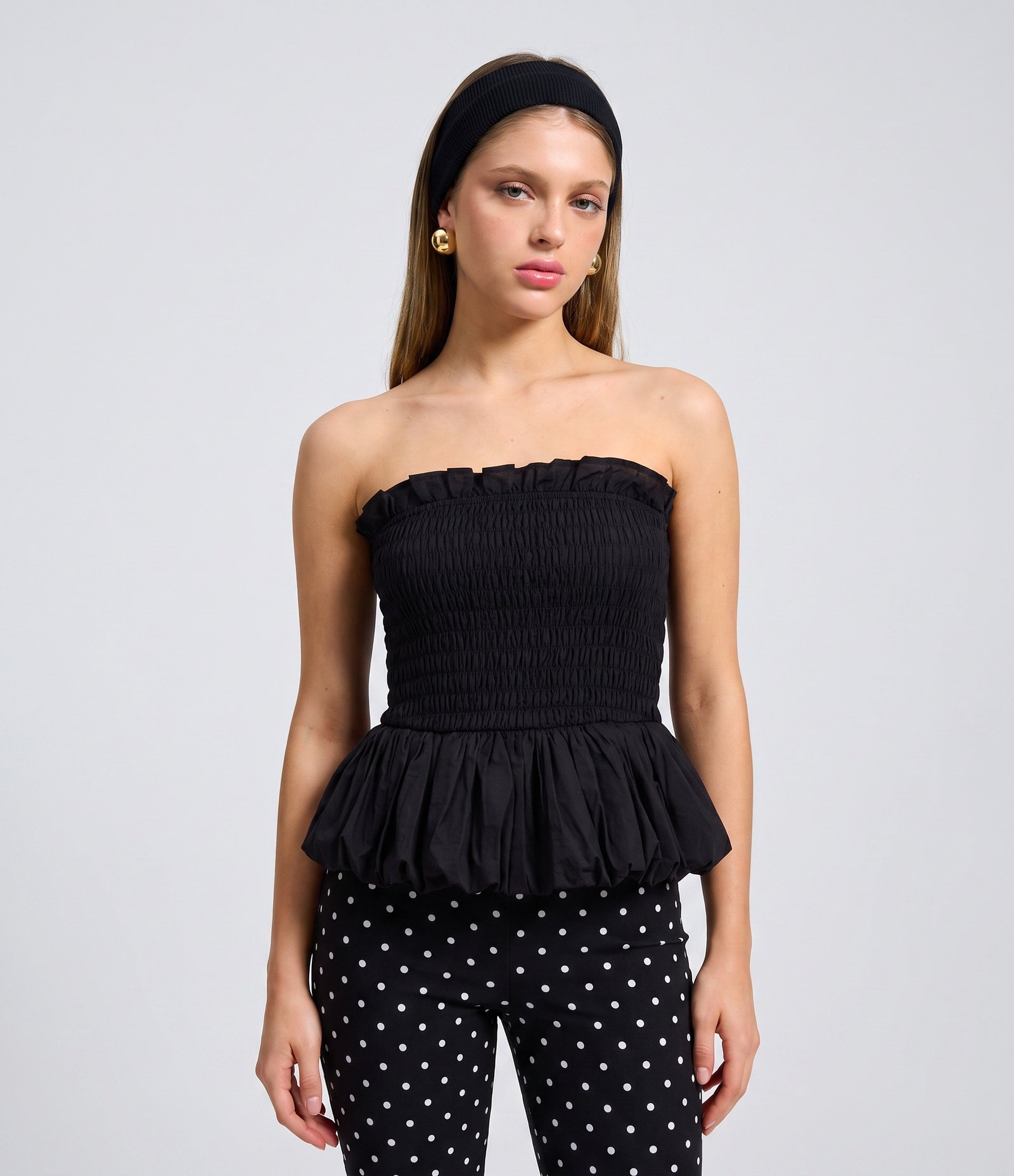 Blusa Tomara que Caia com Franzidos no Busto e Modelagem Peplum Preto 1
