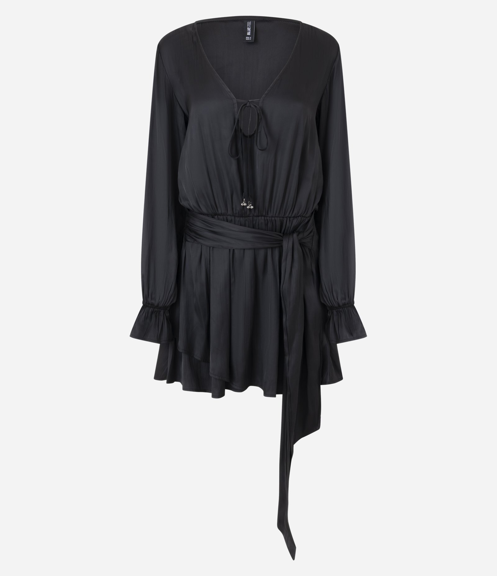 Vestido Curto em Cetim Crinkle com Amarração Preto 6