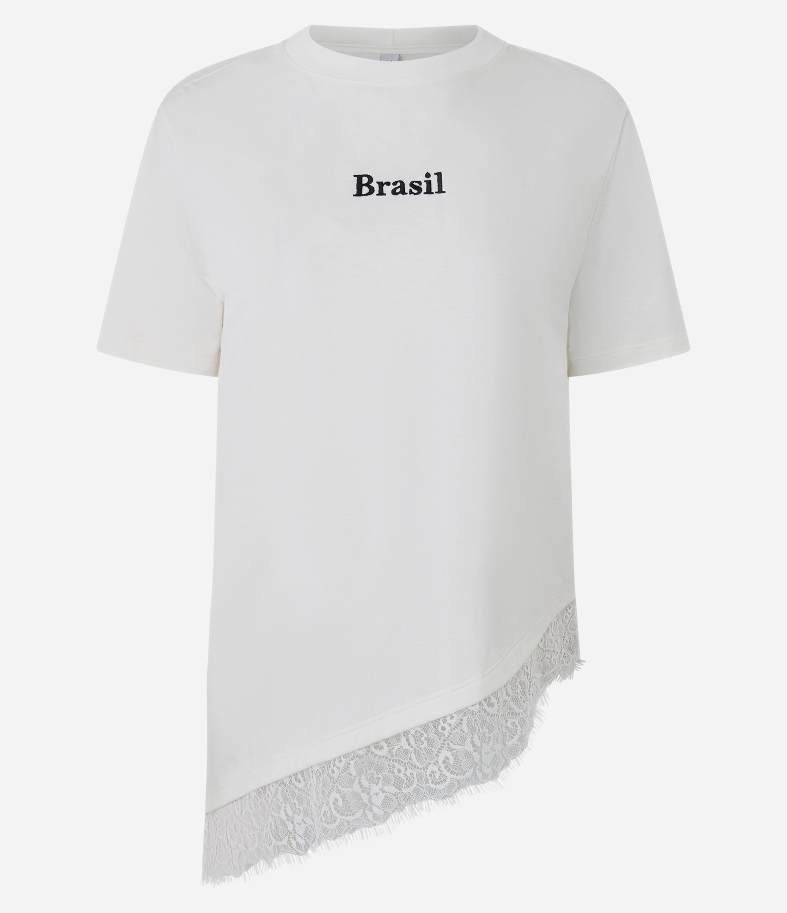 Camiseta em Algodão com Lettering Brasil e Barra Assimétrica com Renda Branco 6