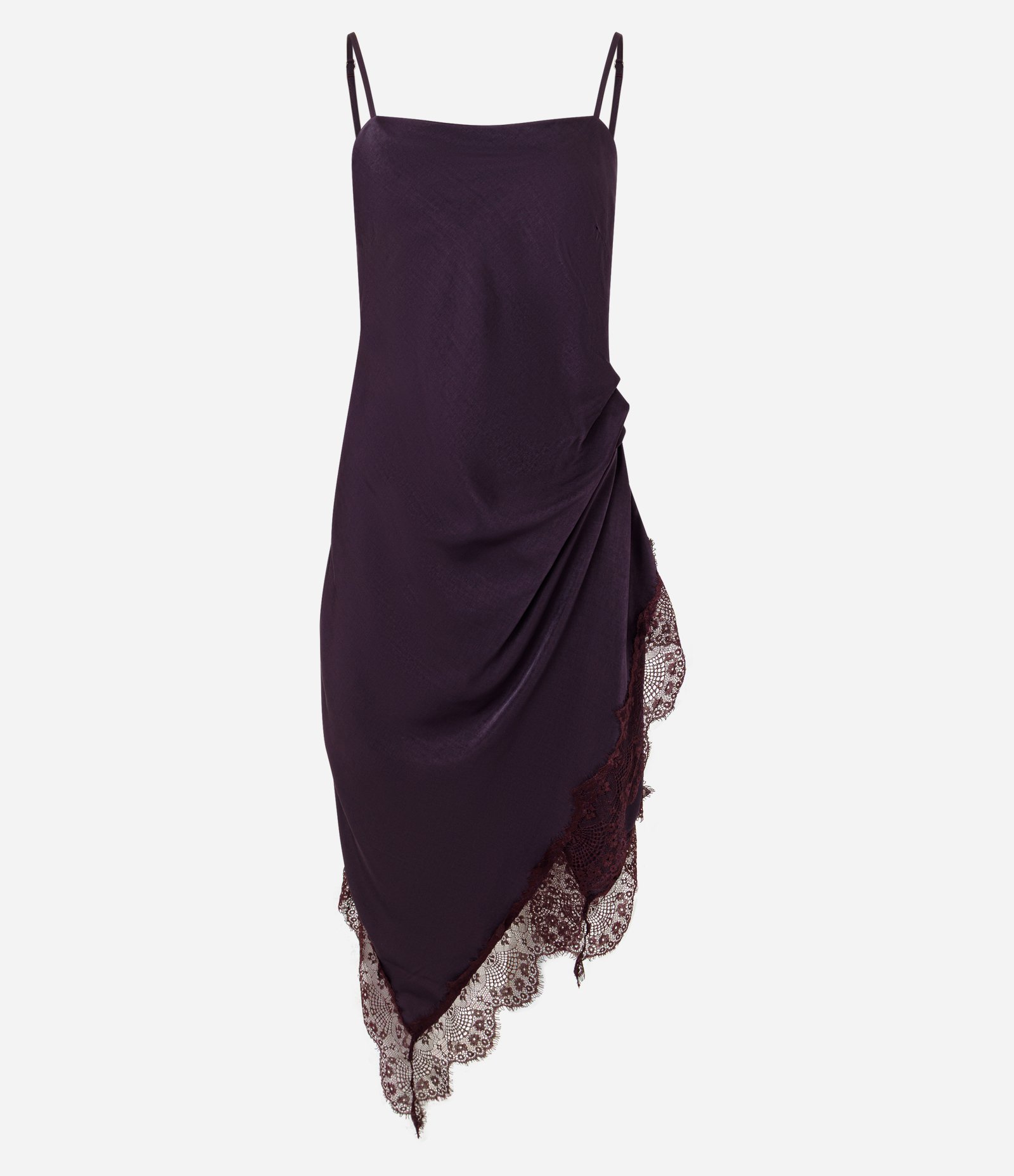 Vestido Midi de Alcinha em Cetim com Barra Assimétrica Rendada Roxo 5