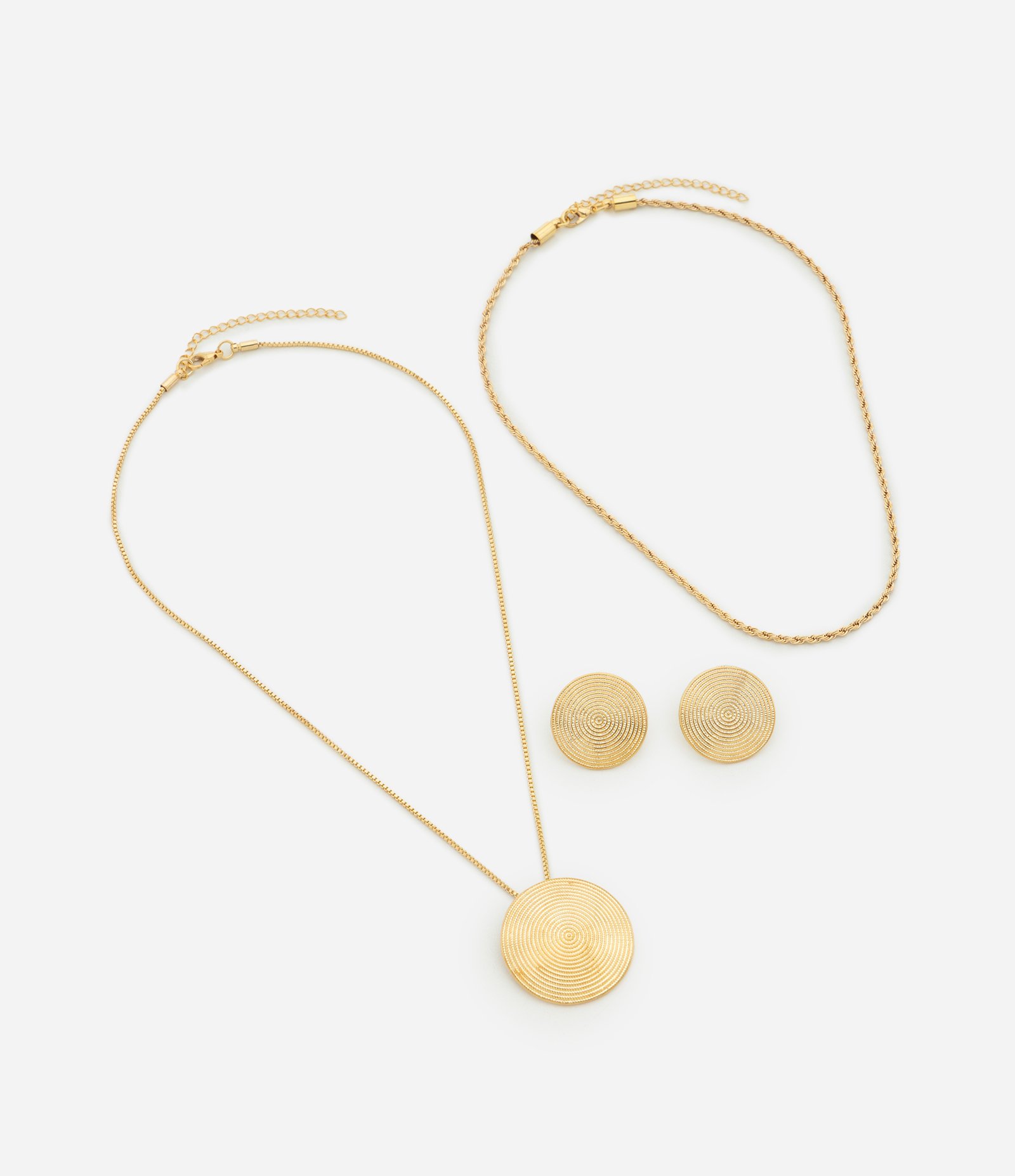 Conjunto de Colar Camadas e Brinco com Pingente Circular Dourado 2