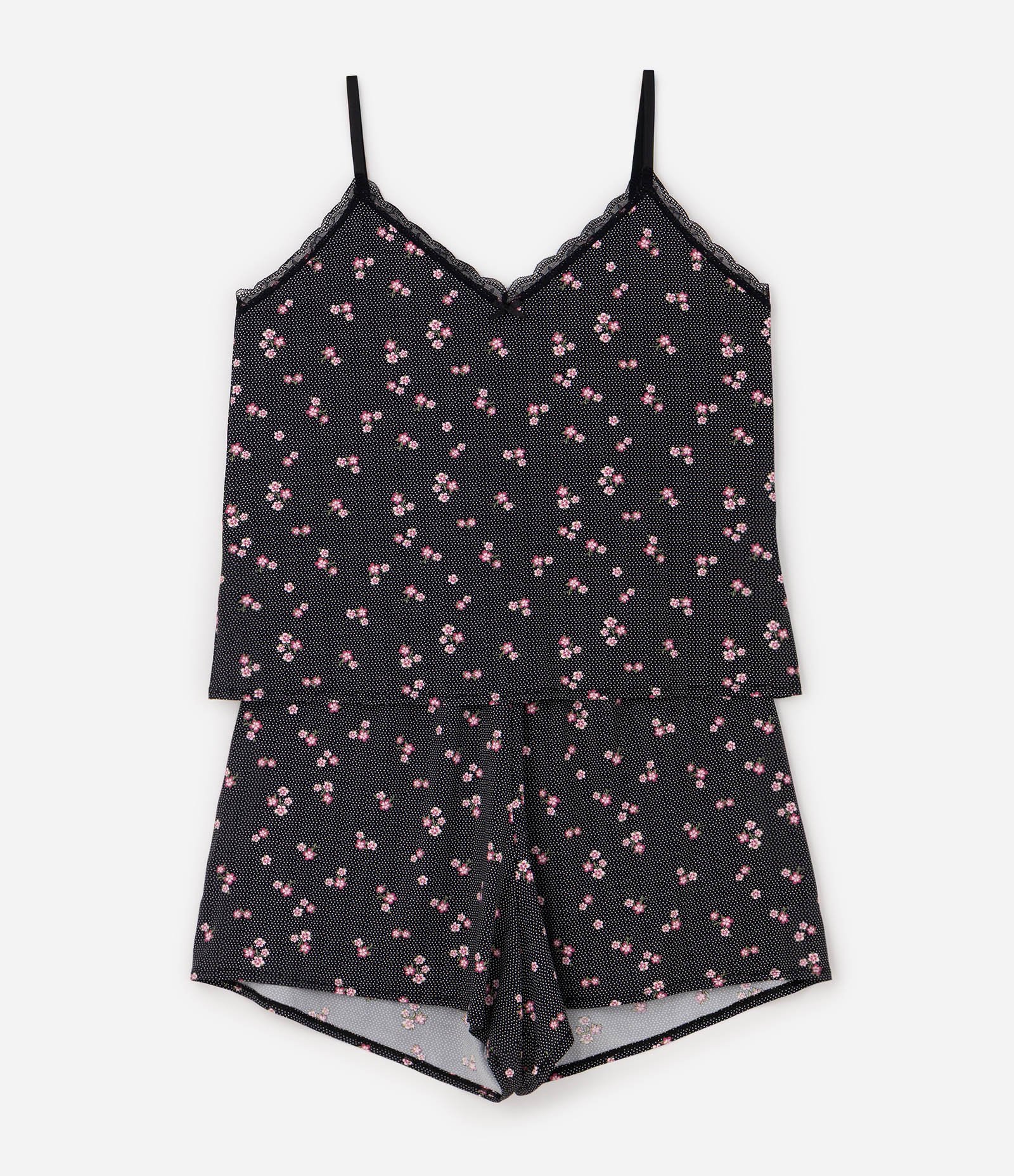 Pijama Regata e Short Poá com Floral Curve & Plus Size Preto 1