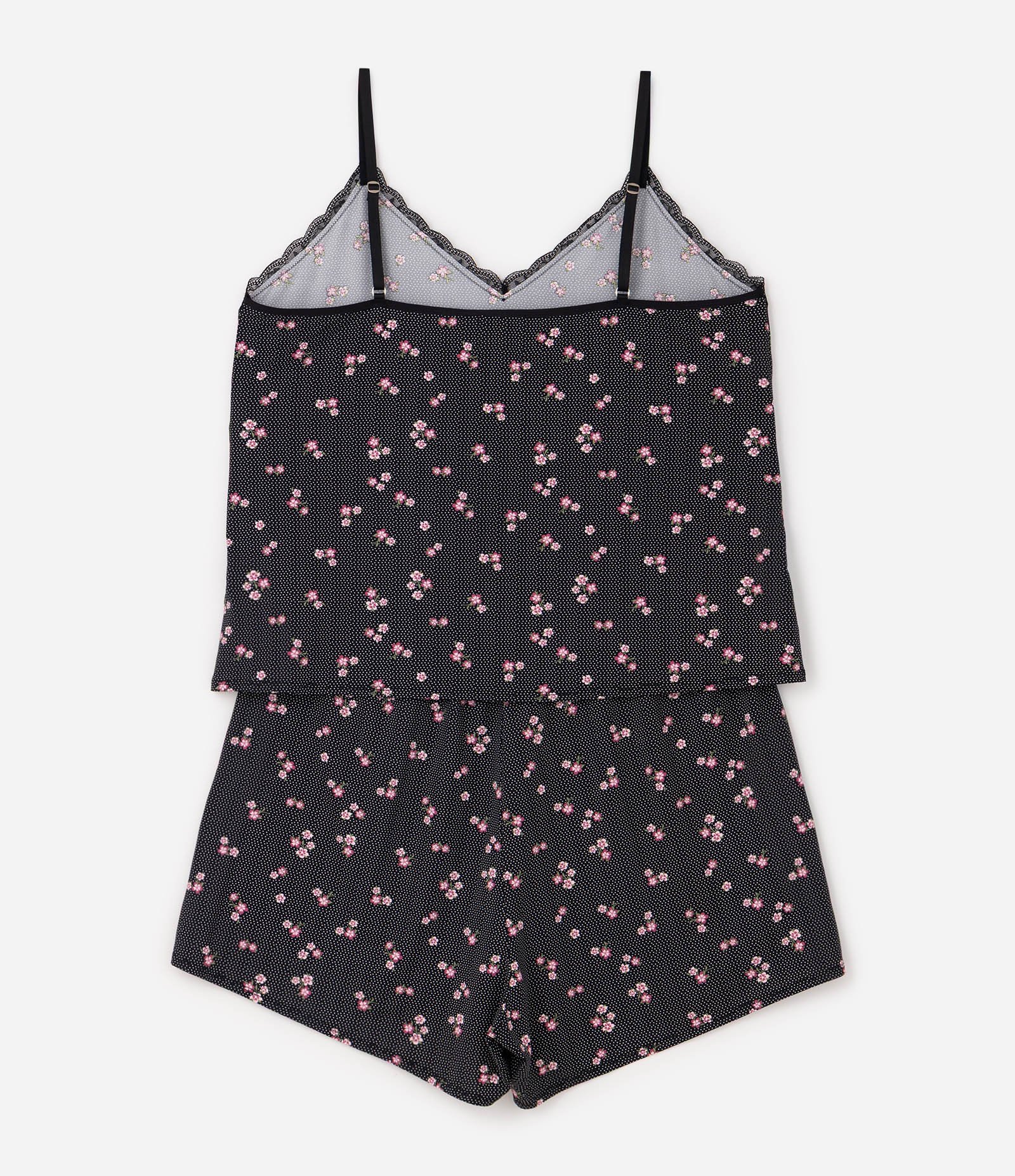 Pijama Regata e Short Poá com Floral Curve & Plus Size Preto 2