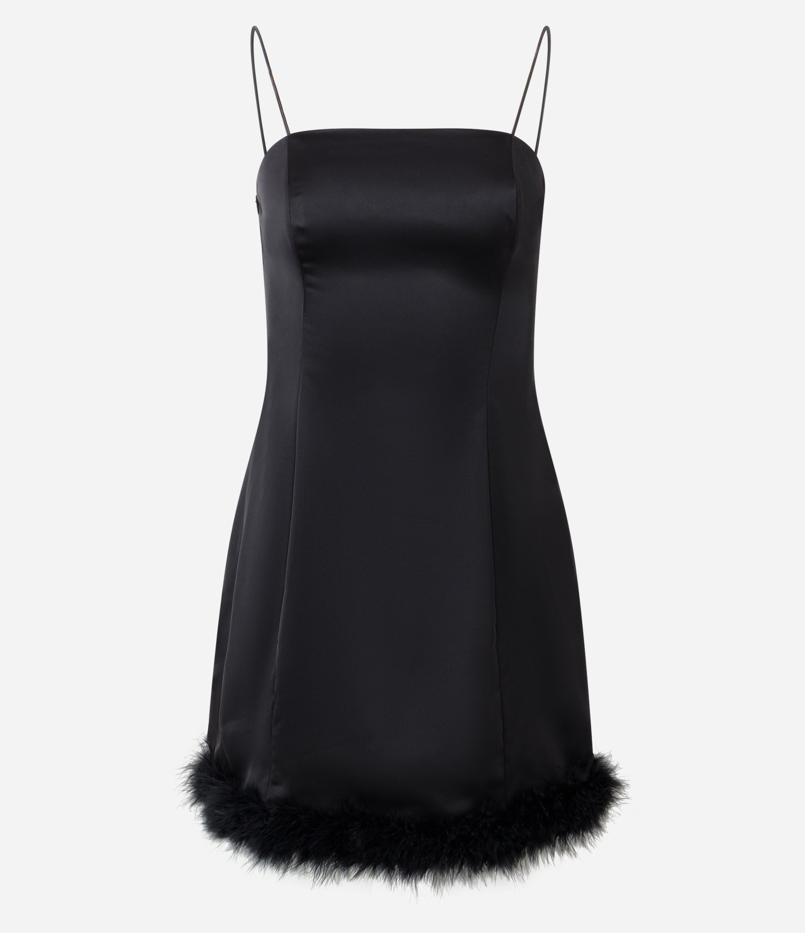 Vestido em Cetim Curto com Plumas na Barra Preto 1