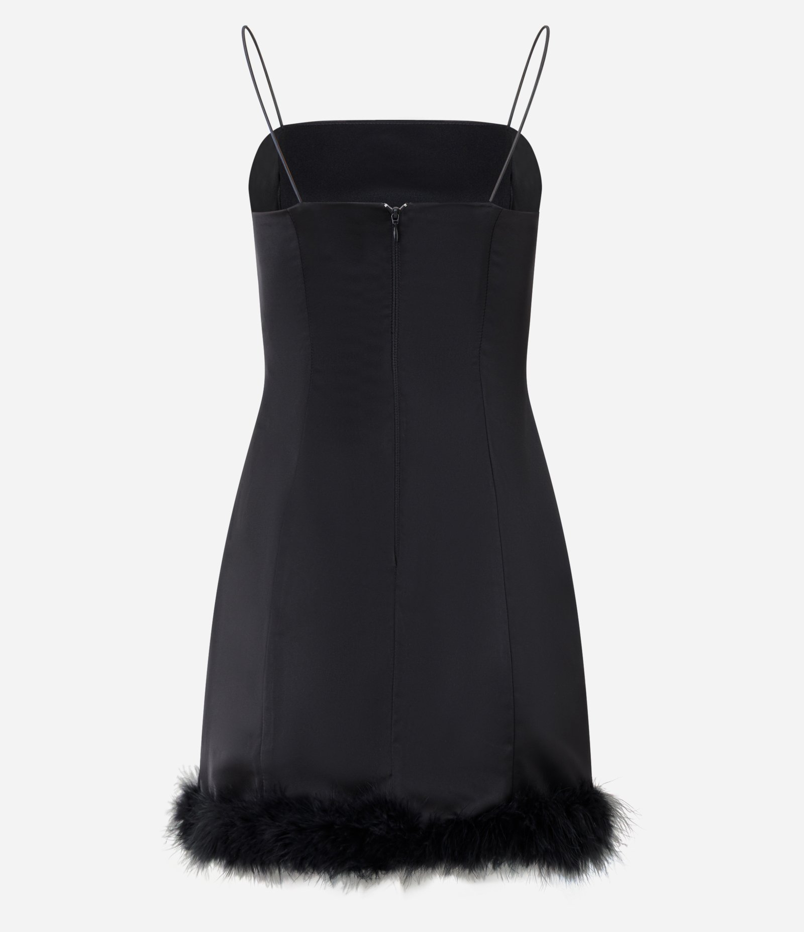 Vestido em Cetim Curto com Plumas na Barra Preto 3