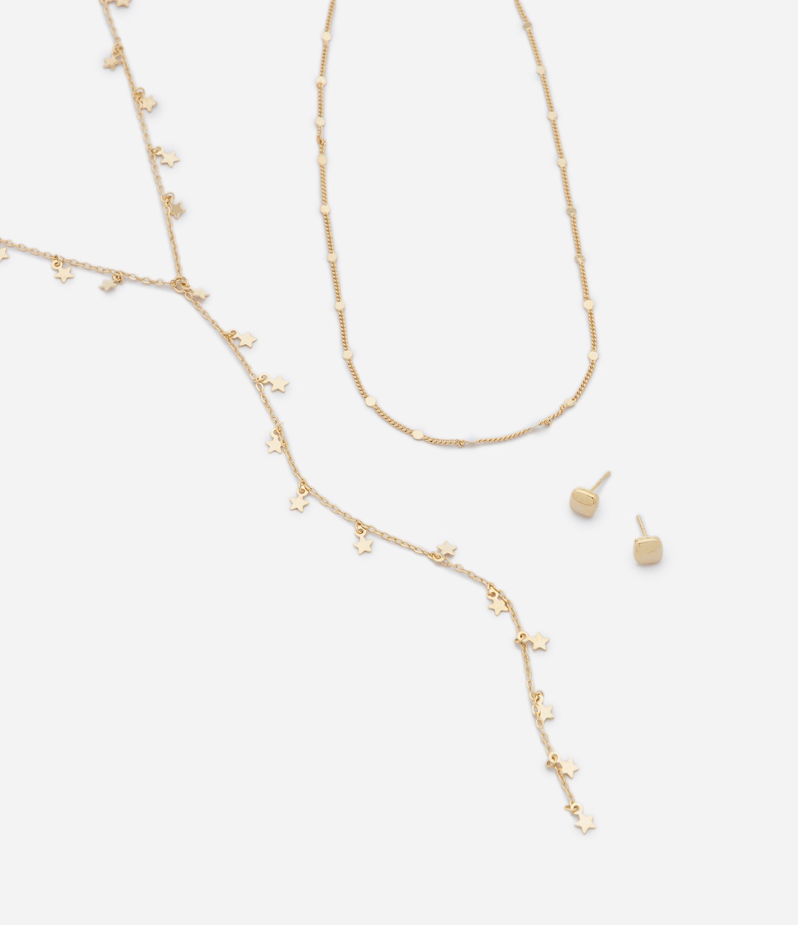 Conjunto de Colar Camadas e Brincos Botão em Metal Dourado 1