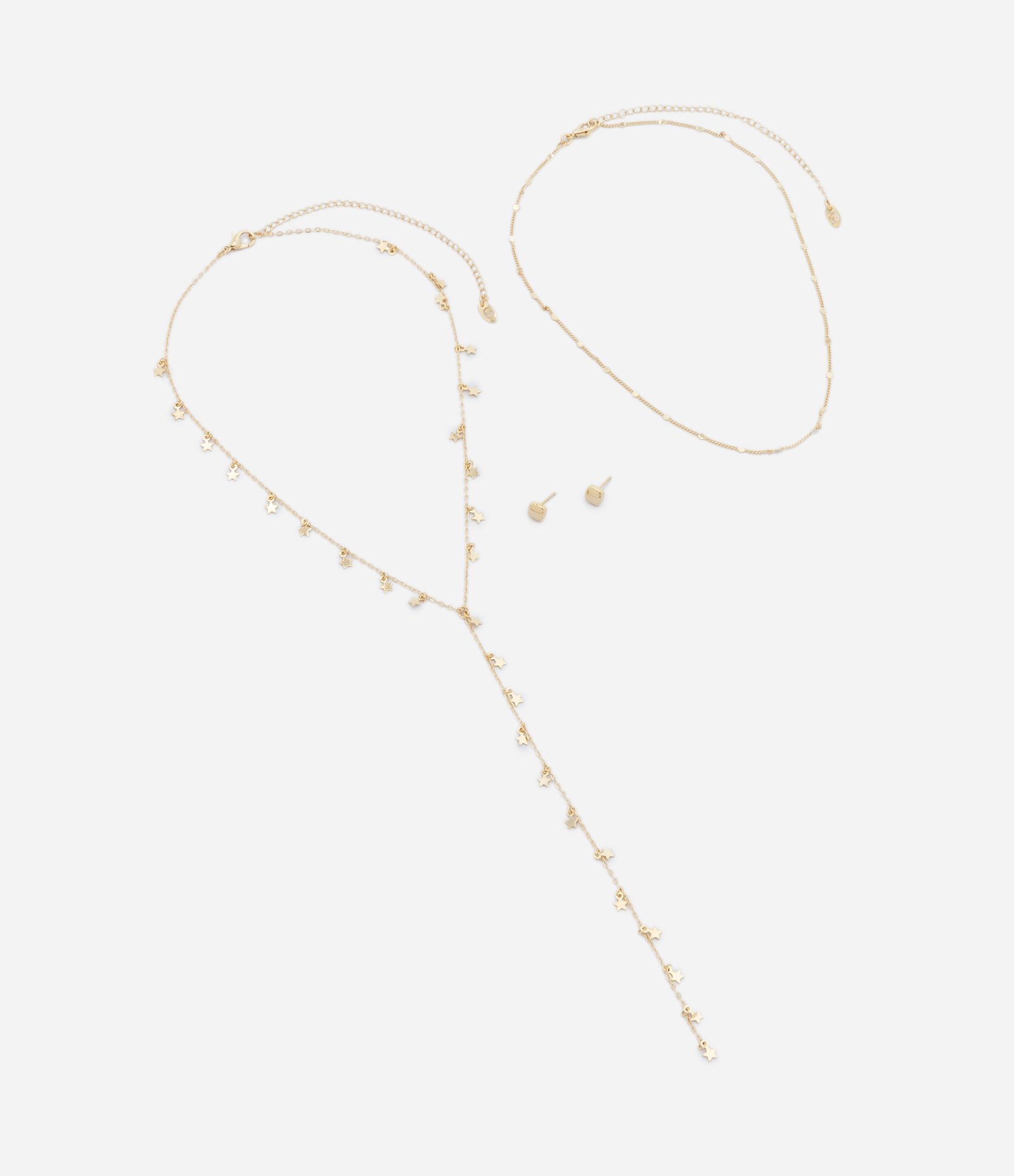 Conjunto de Colar Camadas e Brincos Botão em Metal Dourado 2