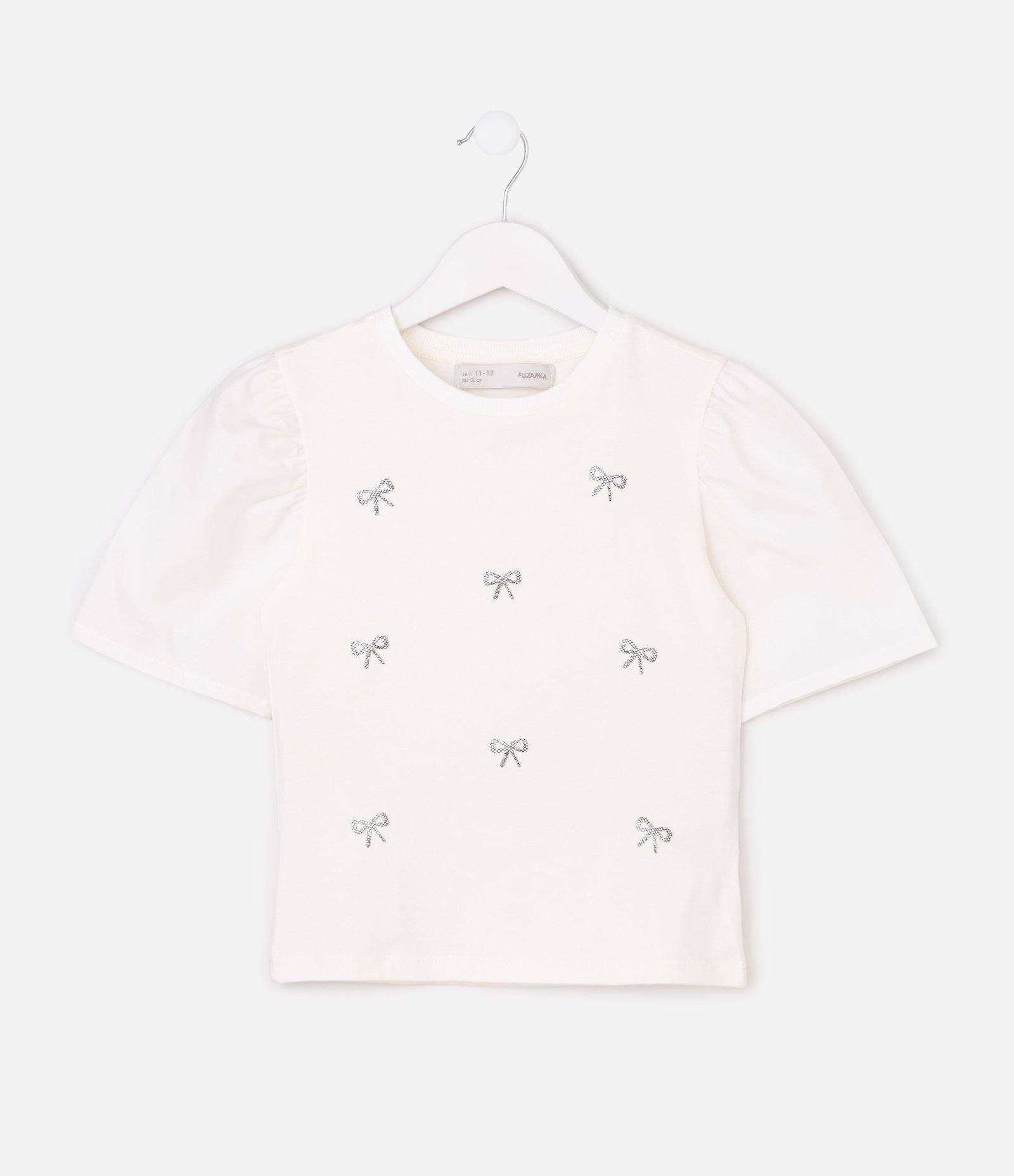 Camiseta Regular Infantil em Ribana com Lacinhos Brilhosos - Tam 5 a 14 Anos Branco 1