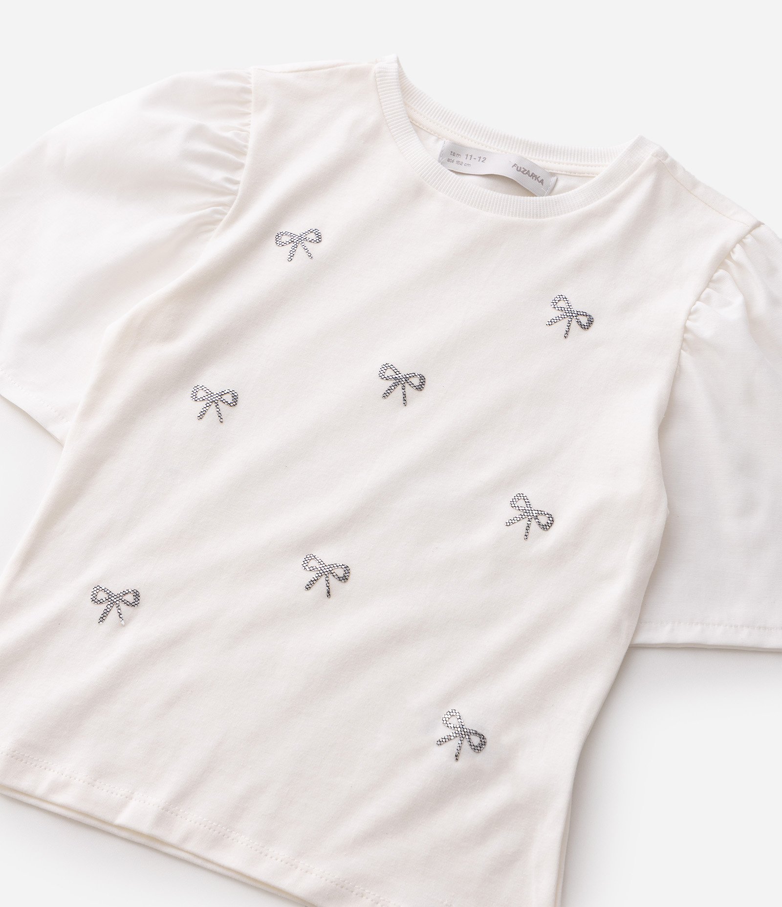Camiseta Regular Infantil em Ribana com Lacinhos Brilhosos - Tam 5 a 14 Anos Branco 4