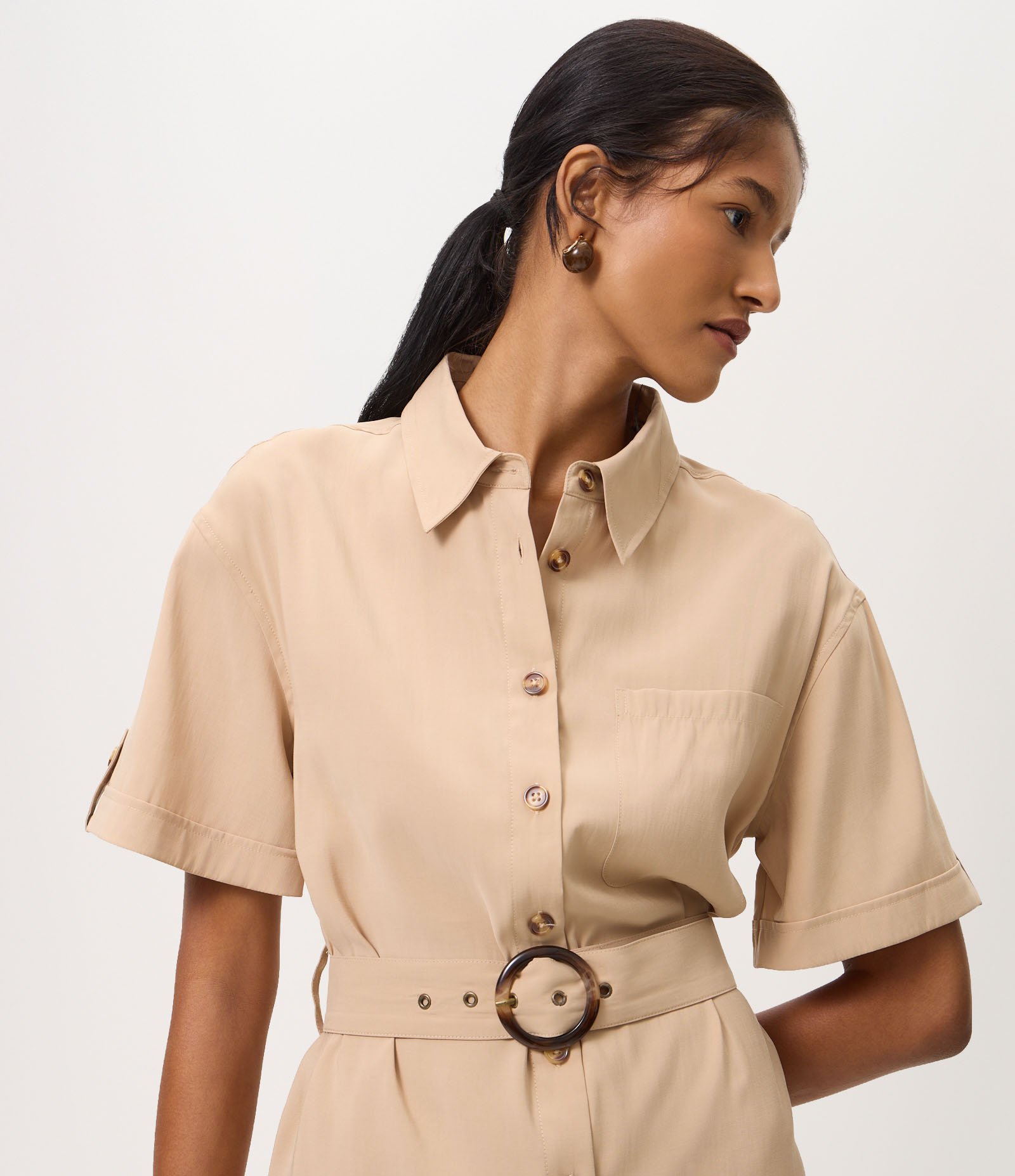 Vestido Reto em Poliviscose com Cinto Bege 3