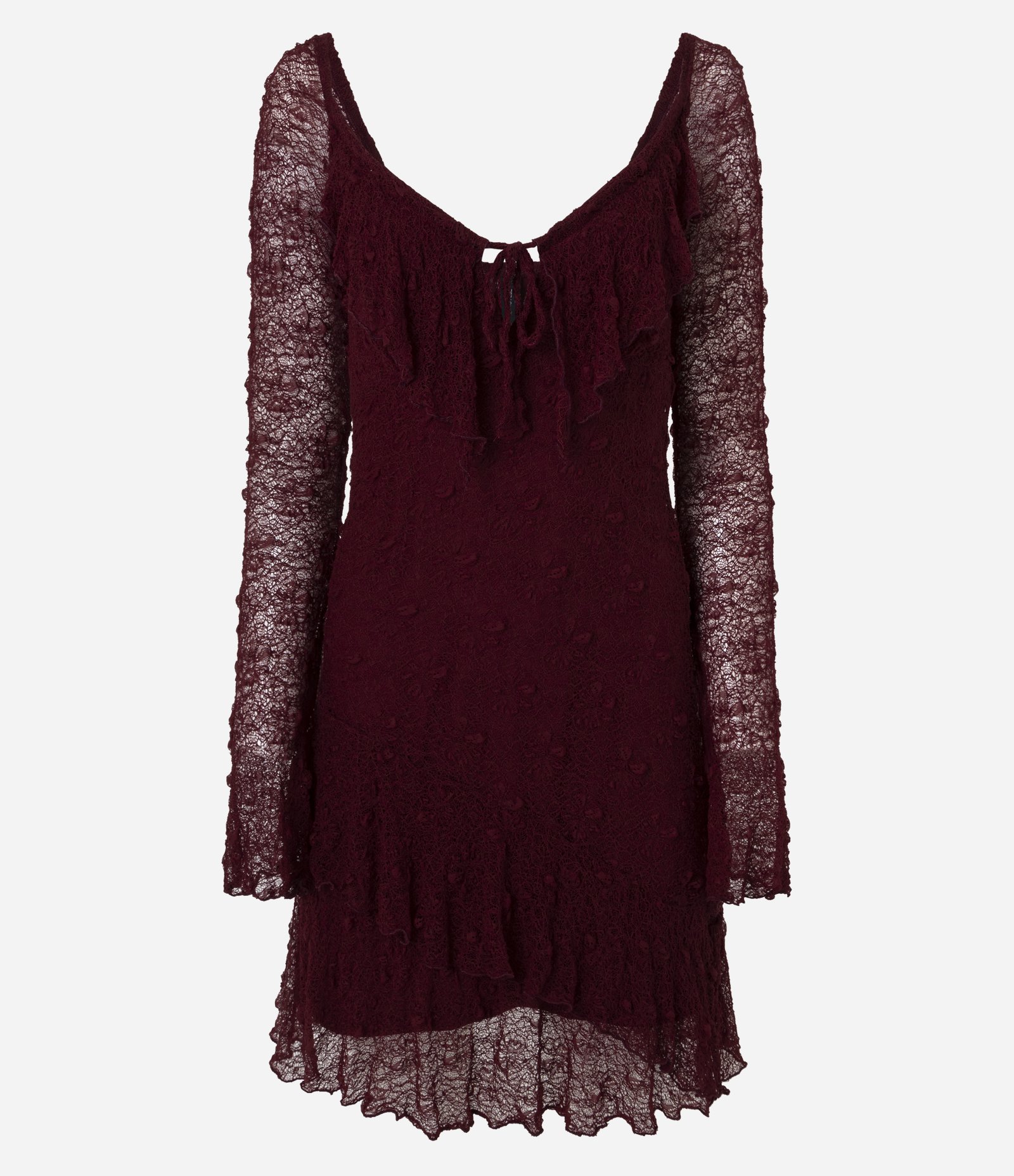 Vestido Curto em Renda com Manga Longa e Babados Bordô 5