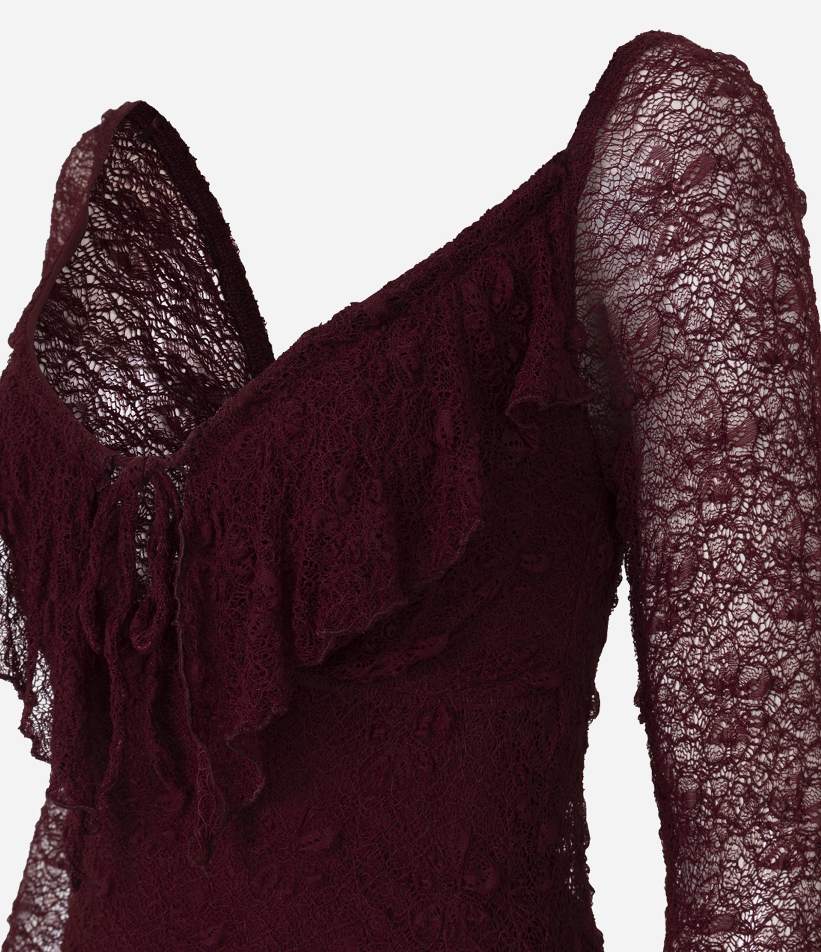 Vestido Curto em Renda com Manga Longa e Babados Bordô 6