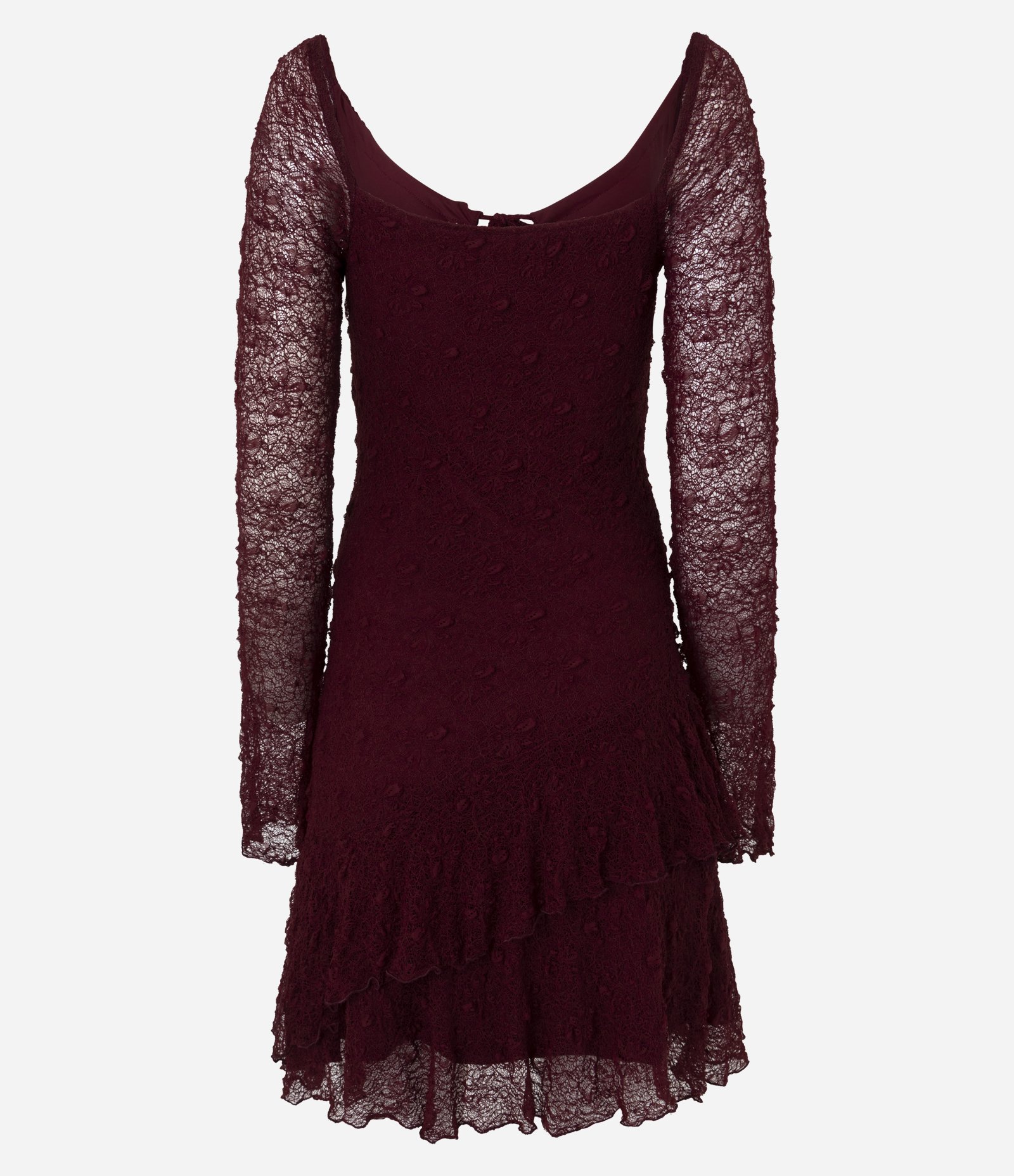 Vestido Curto em Renda com Manga Longa e Babados Bordô 7