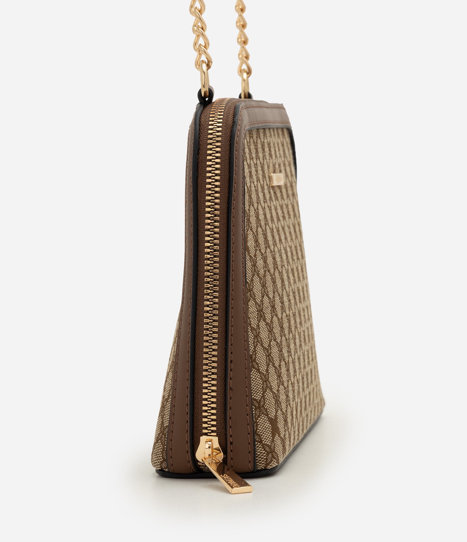 Bolsa Transversal com Estampa Geométrica e Alça em PU e Corrente Bege 2