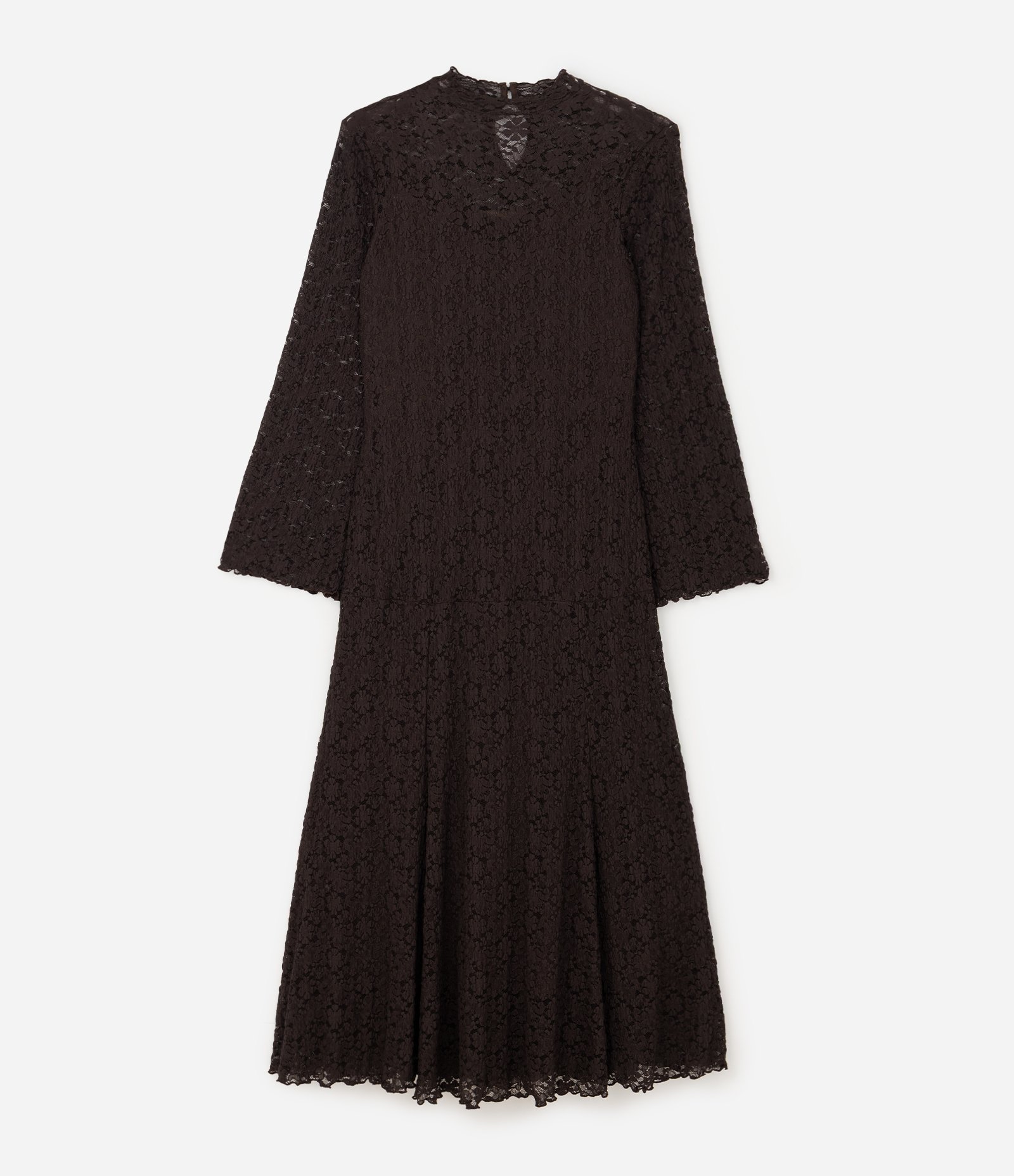 Vestido em Renda de Manga Longa Flare Curve & Plus Size Marrom 1