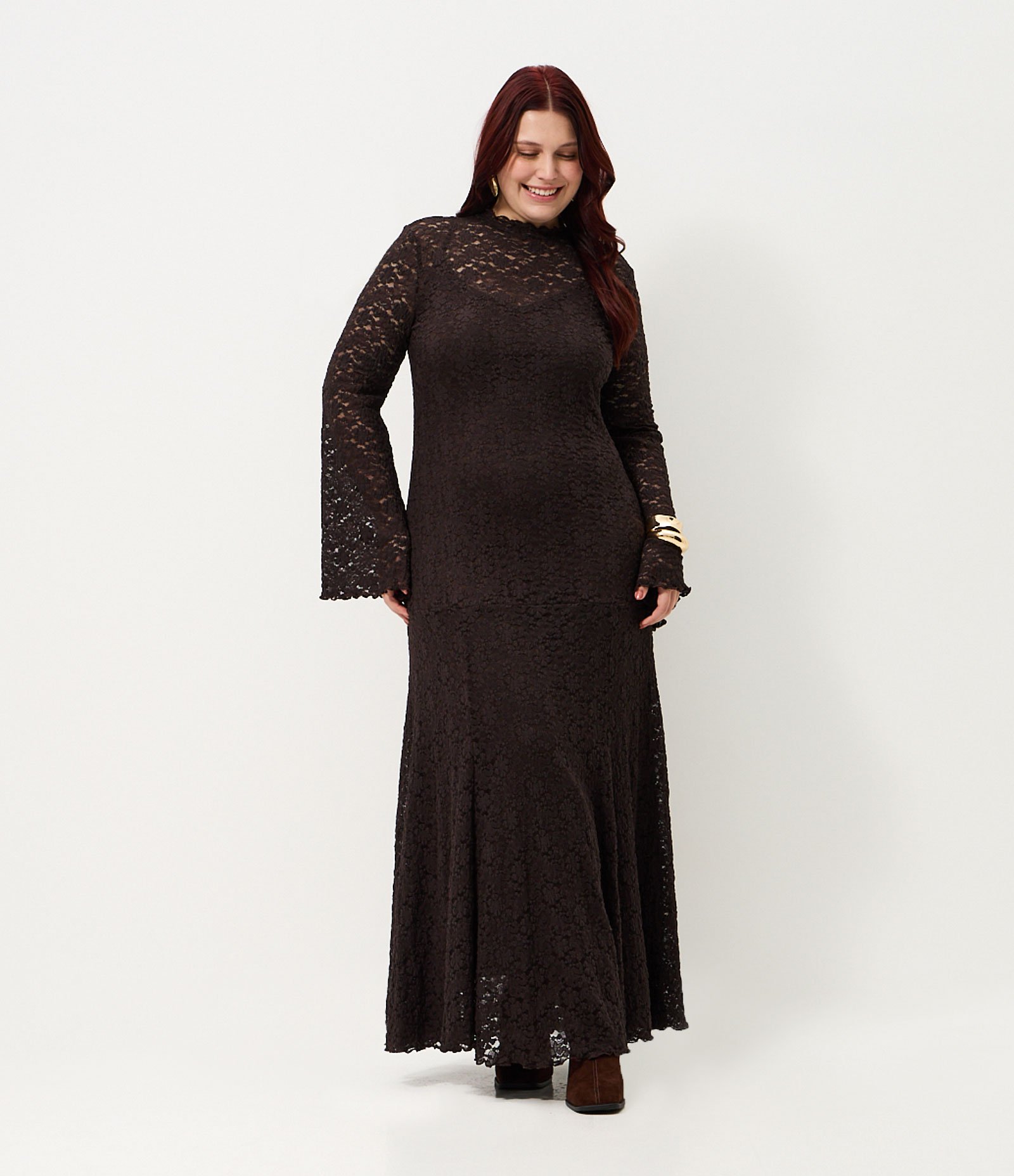 Vestido em Renda de Manga Longa Flare Curve & Plus Size Marrom 1