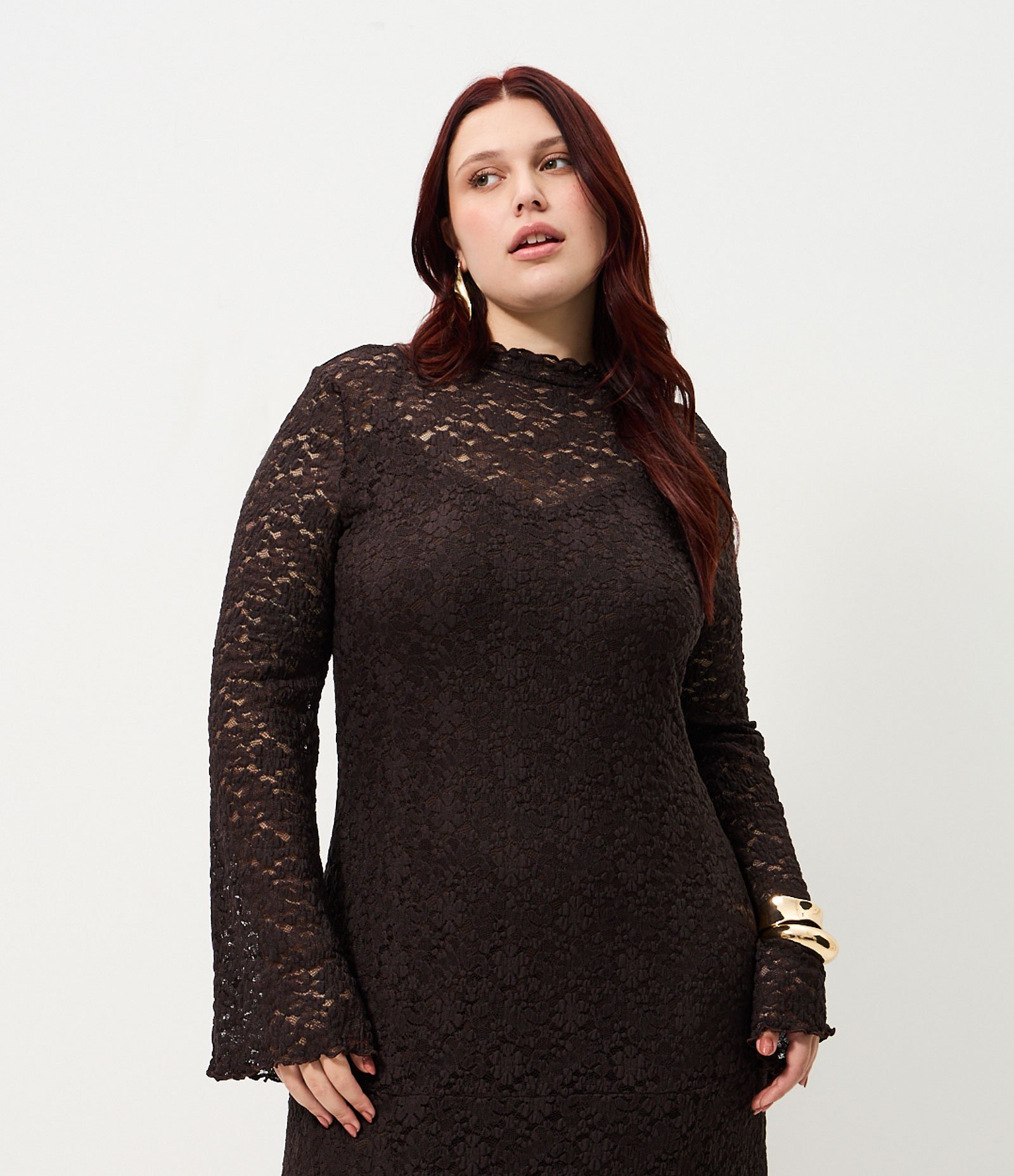 Vestido em Renda de Manga Longa Flare Curve & Plus Size Marrom 2