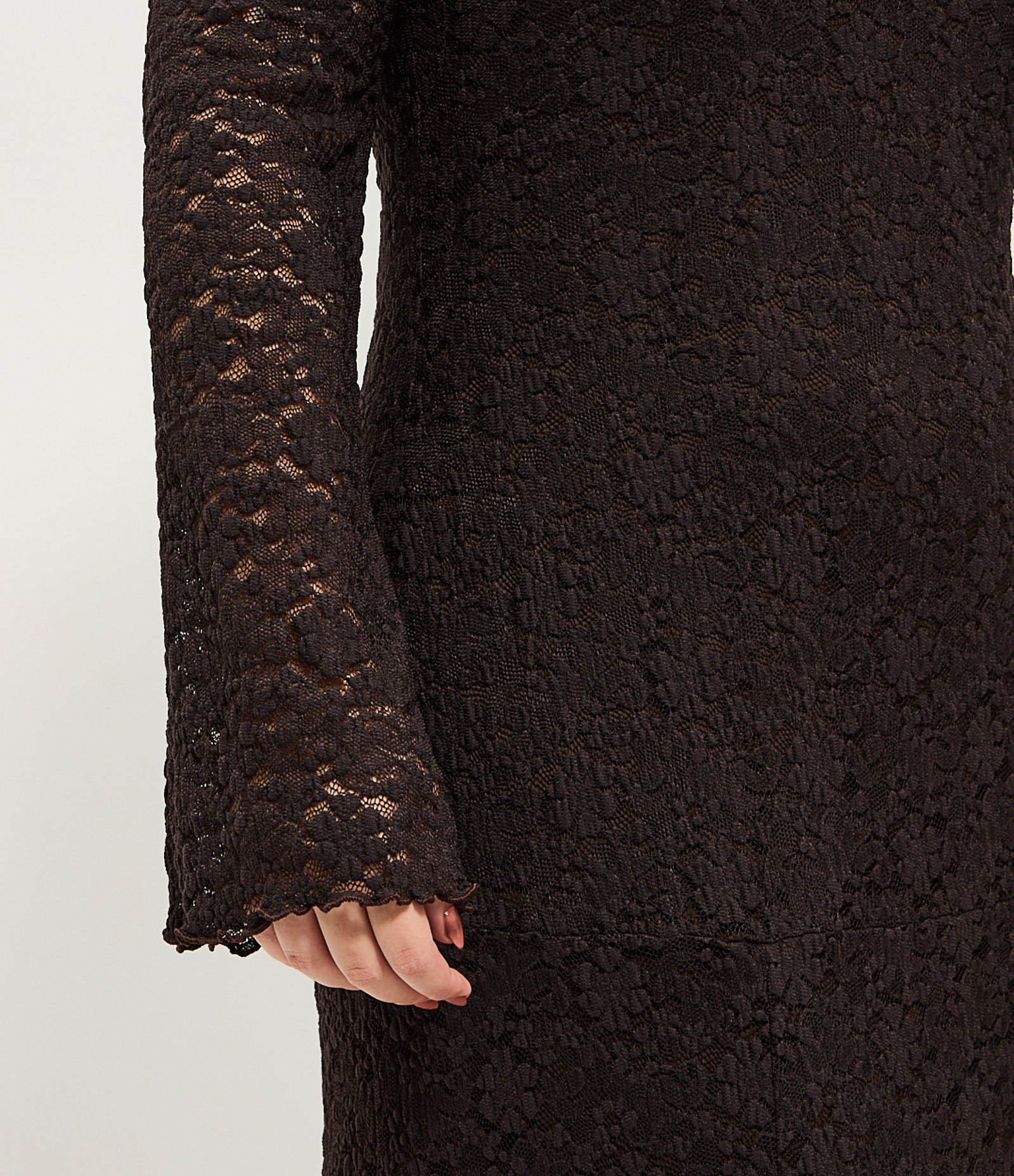 Vestido em Renda de Manga Longa Flare Curve & Plus Size Marrom 4