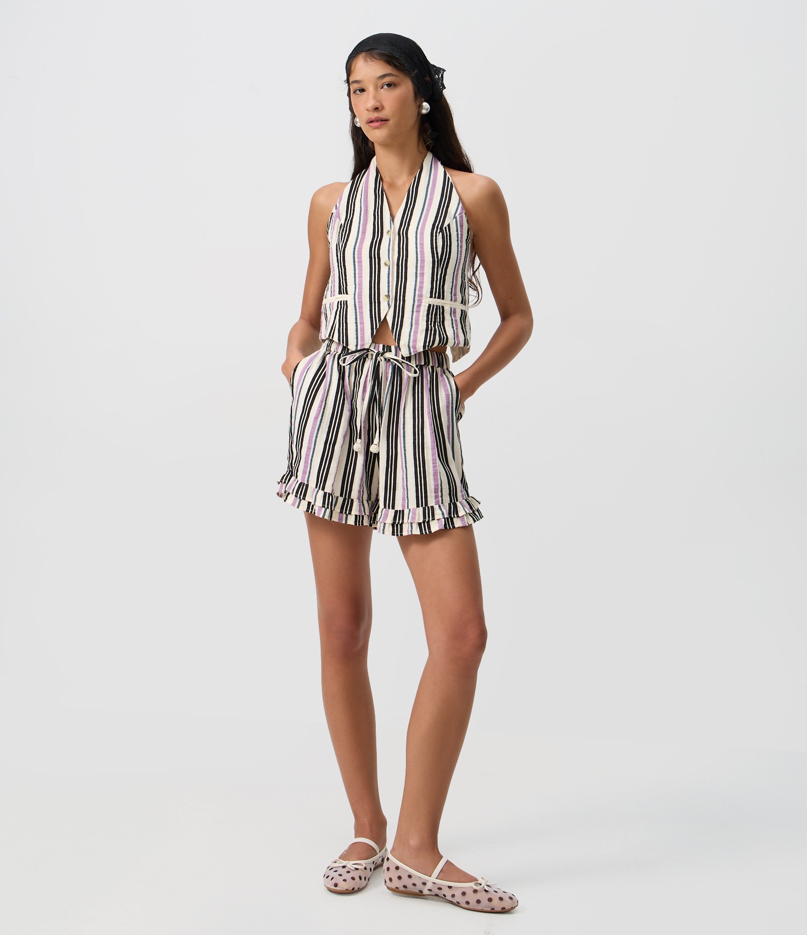Colete Frente Única Listrado com Amarrações nas Costas Off White 2