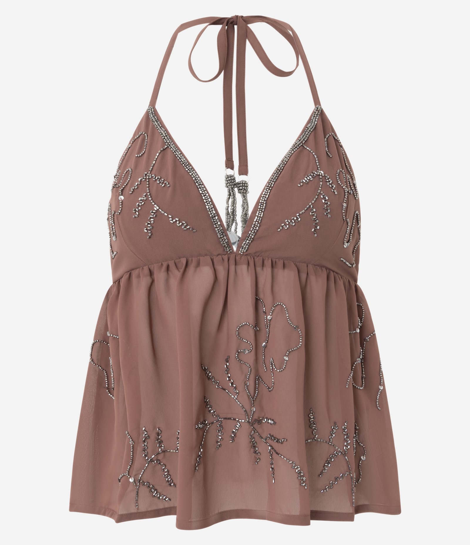 Blusa Frente Única em Chiffon com Bordados de Miçangas Marrom 5