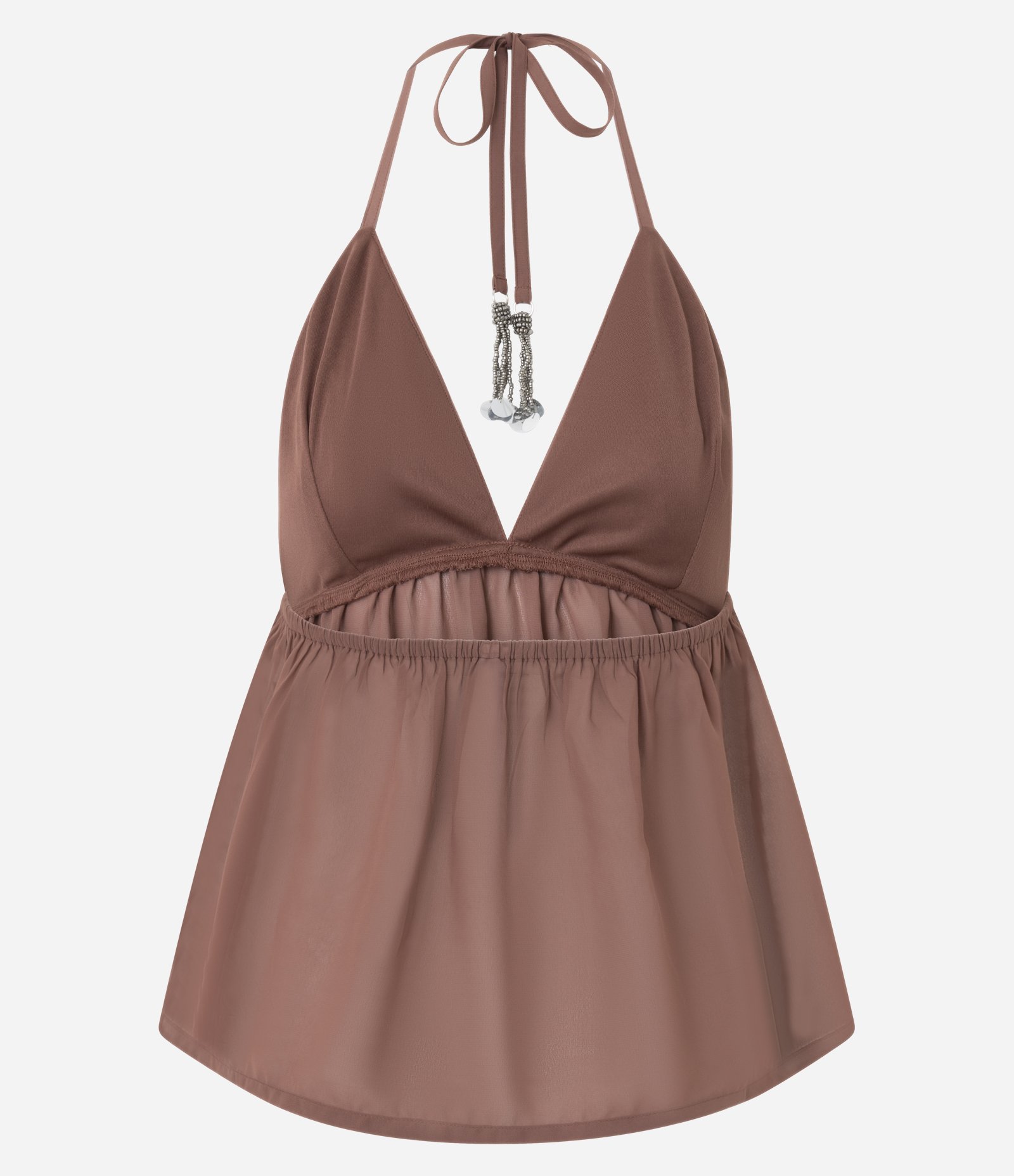 Blusa Frente Única em Chiffon com Bordados de Miçangas Marrom 7