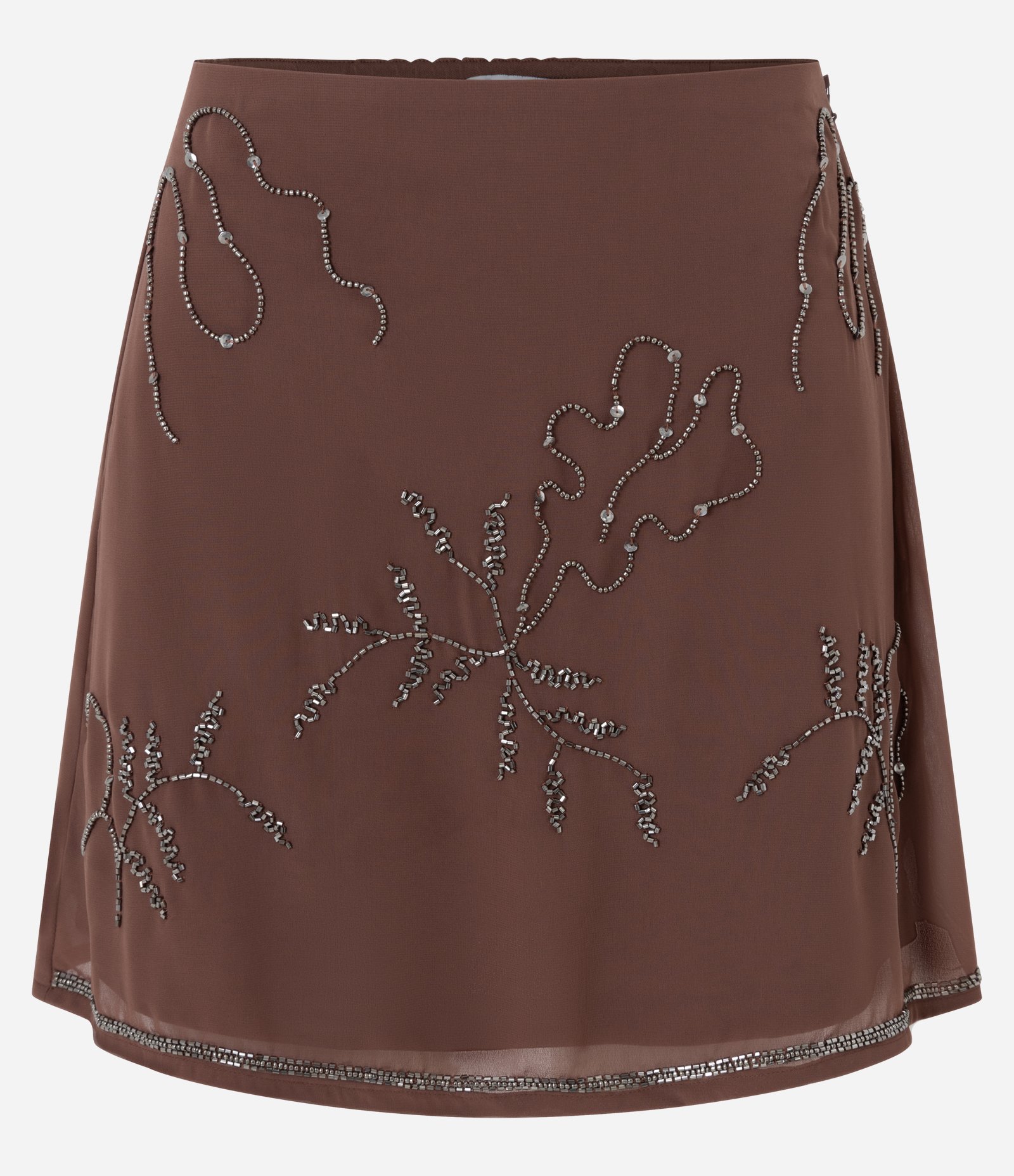 Saia Curta em Chiffon com Bordado de Miçangas Marrom 1