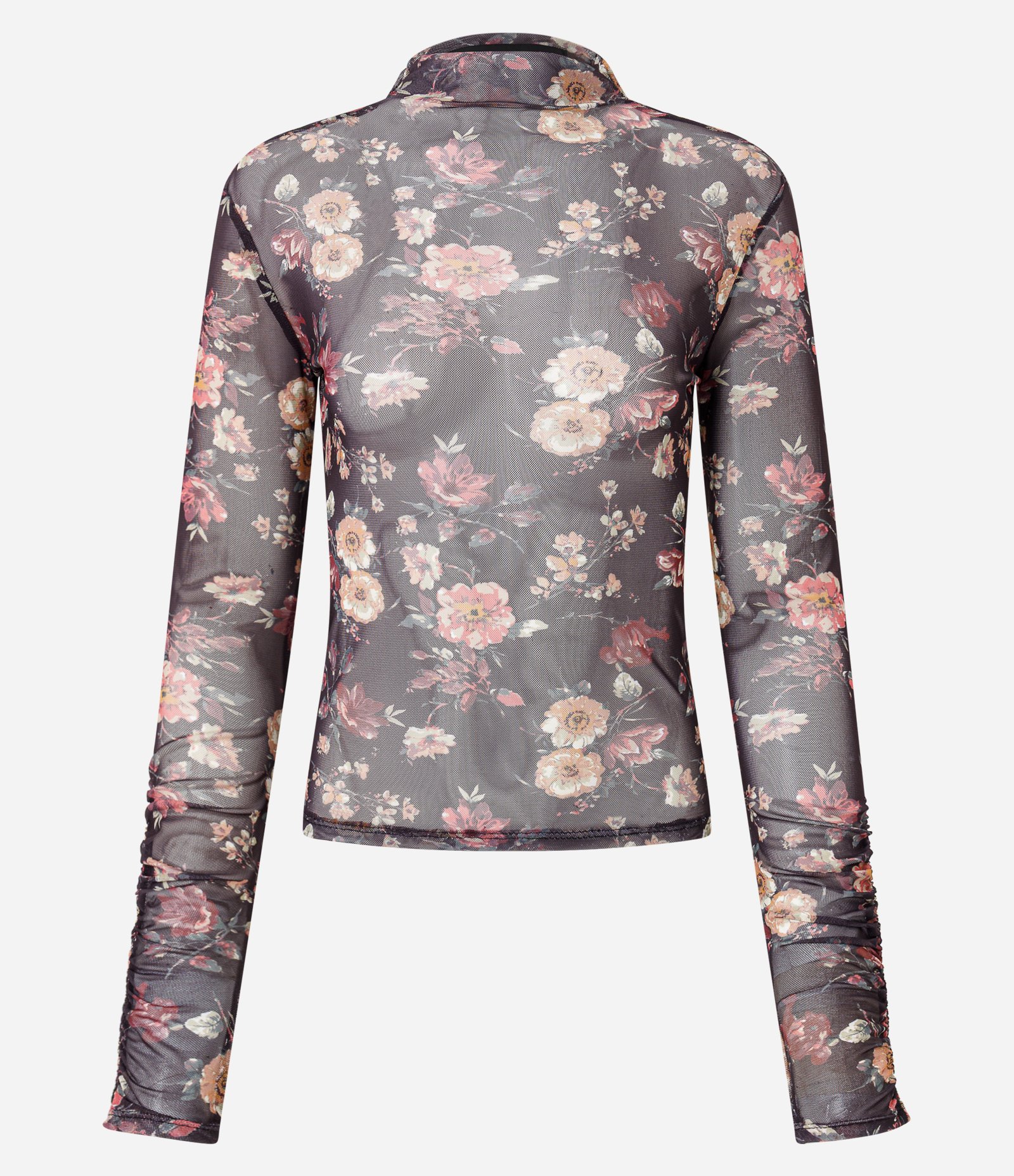 Blusa em Tule Estampado com Puxadinho na Manga Cinza 1