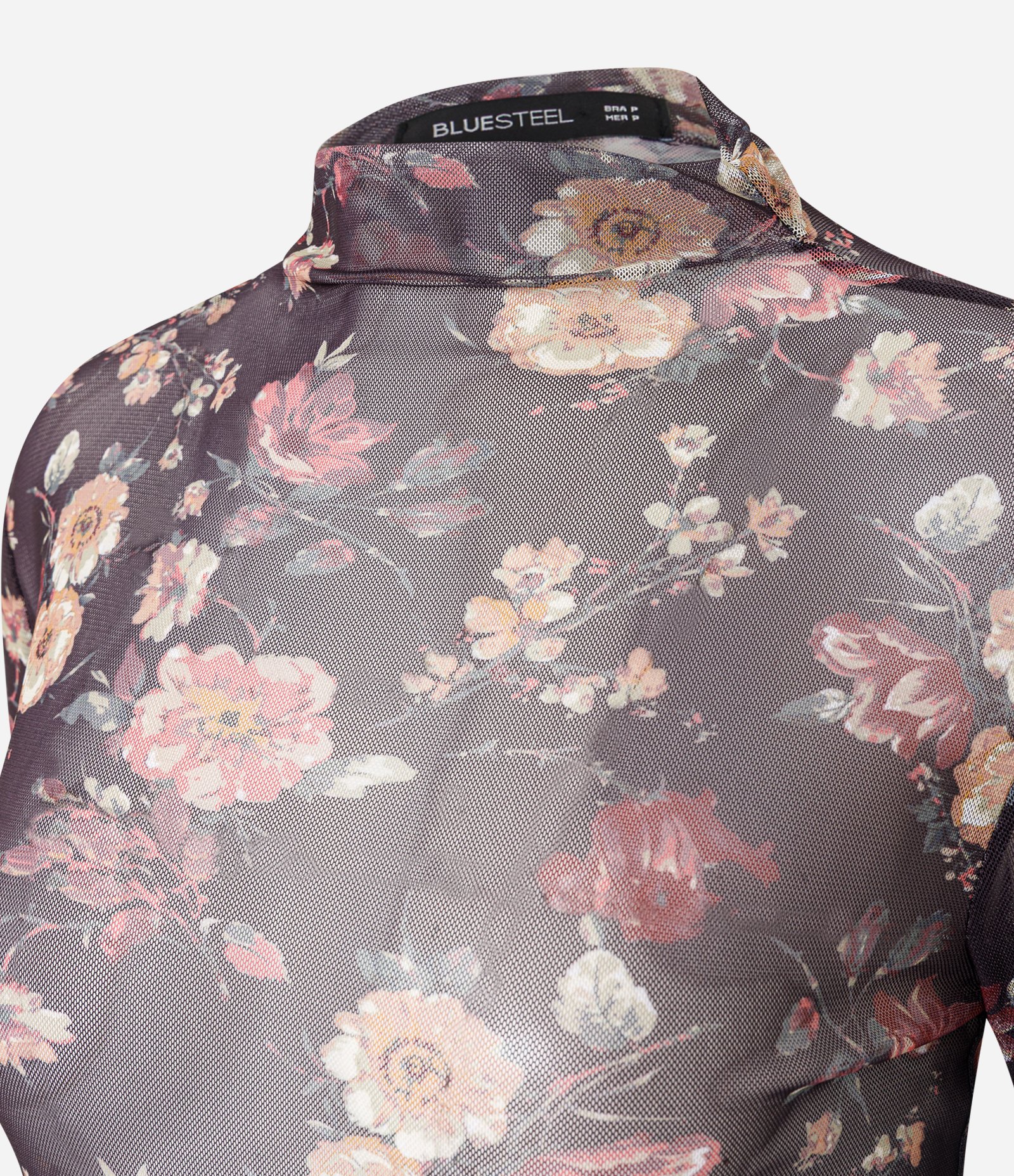 Blusa em Tule Estampado com Puxadinho na Manga Cinza 2