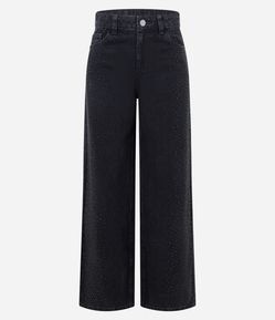 Calça Wide Leg em Jeans com Cintura Média e Aplicação de Brilho