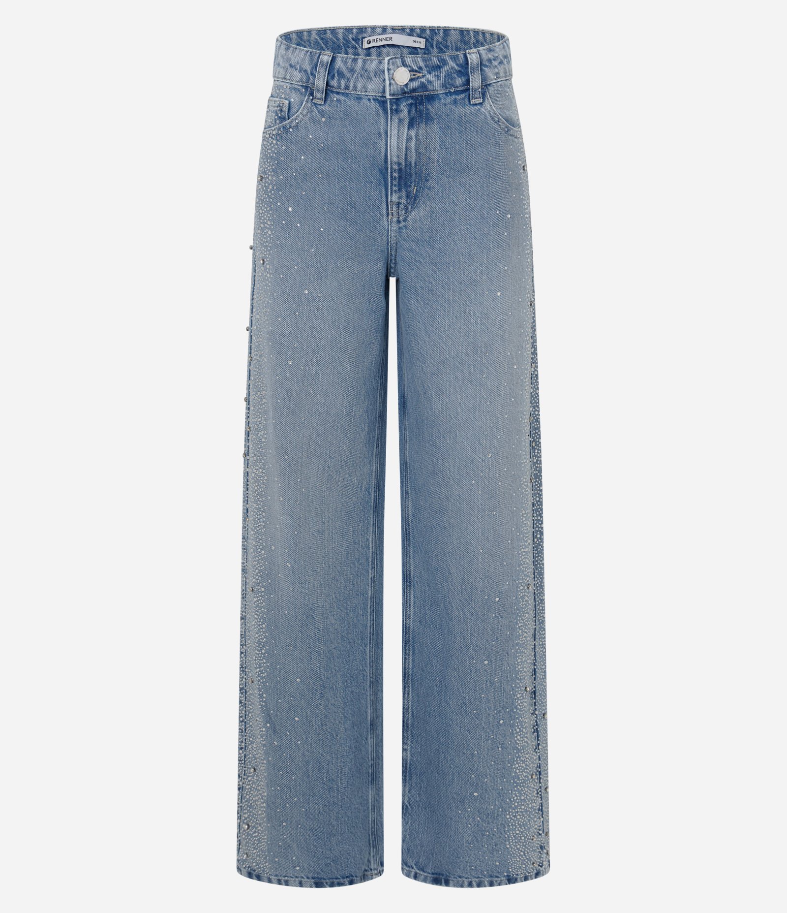 Calça Wide Leg em Jeans com Cintura Baixa e Brilho Lateral Azul Claro 5
