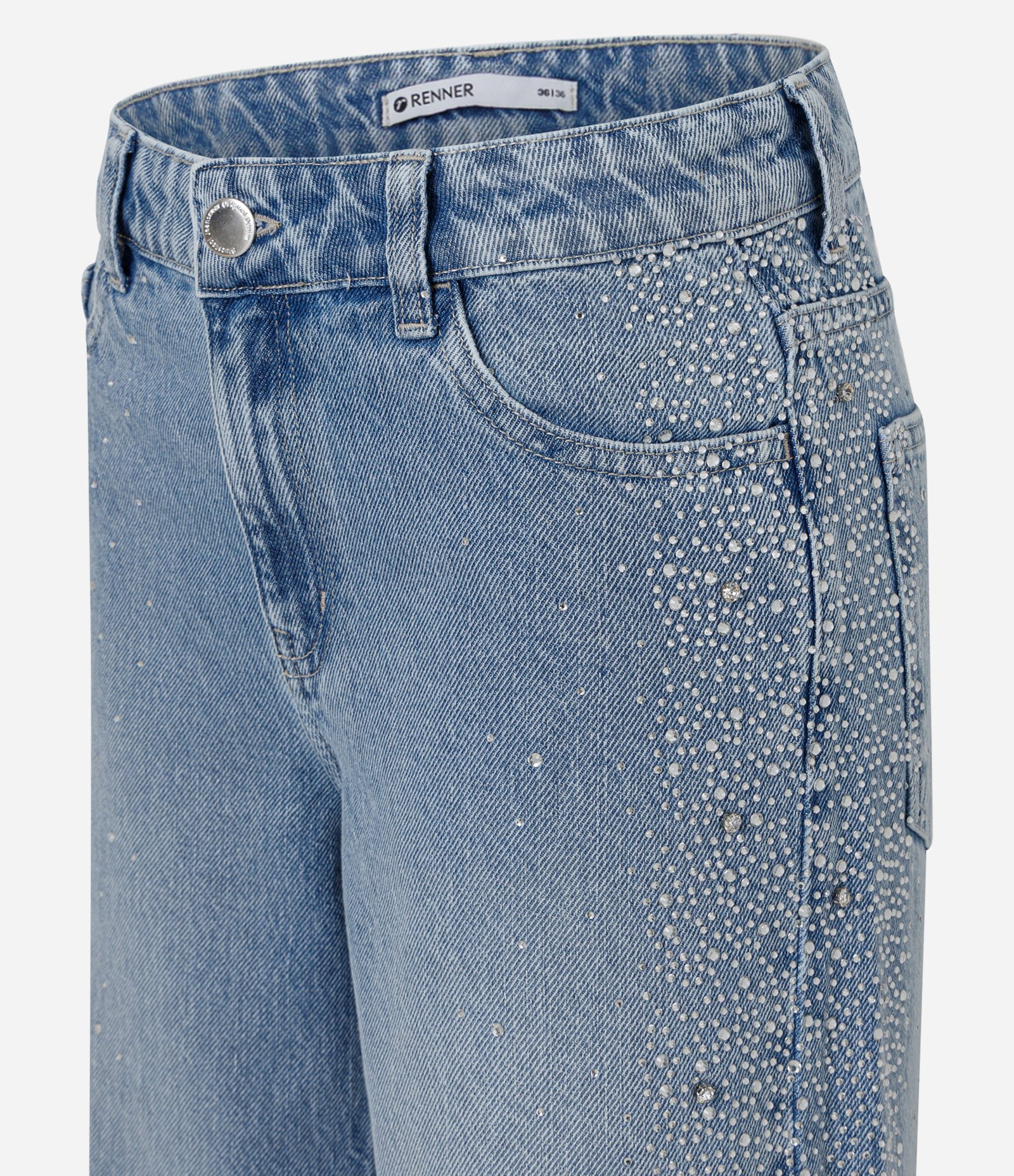 Calça Wide Leg em Jeans com Cintura Baixa e Brilho Lateral Azul Claro 6