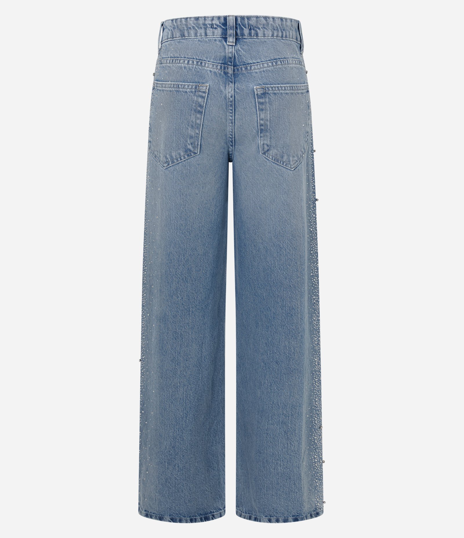 Calça Wide Leg em Jeans com Cintura Baixa e Brilho Lateral Azul Claro 7