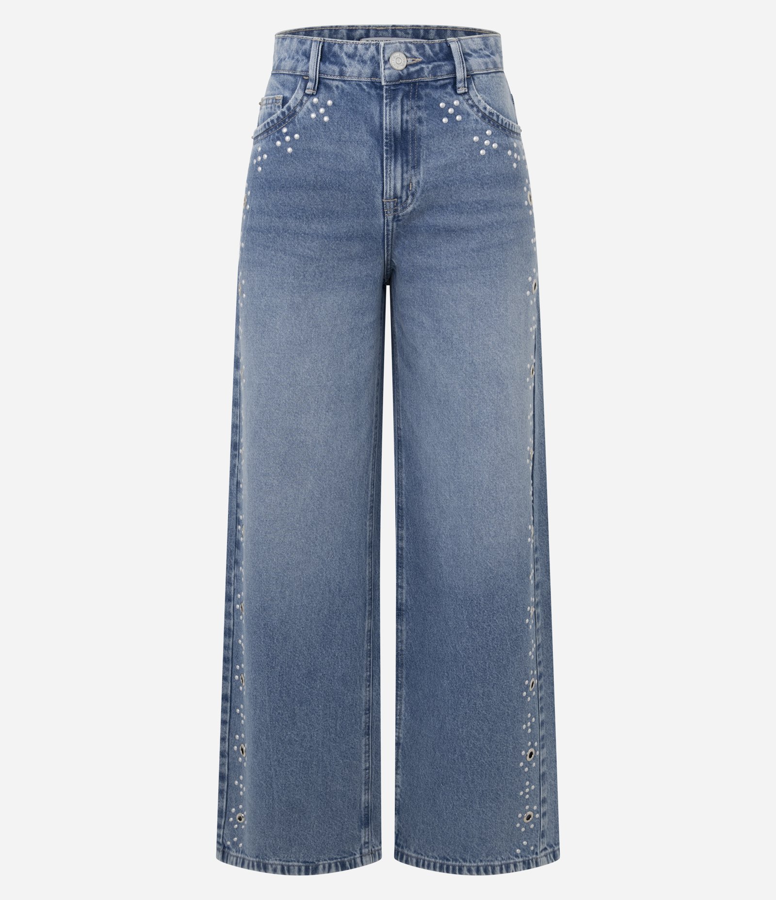 Calça Wide Leg em Jeans com Cintura Baixa e Ilhós na Lateral Azul 5