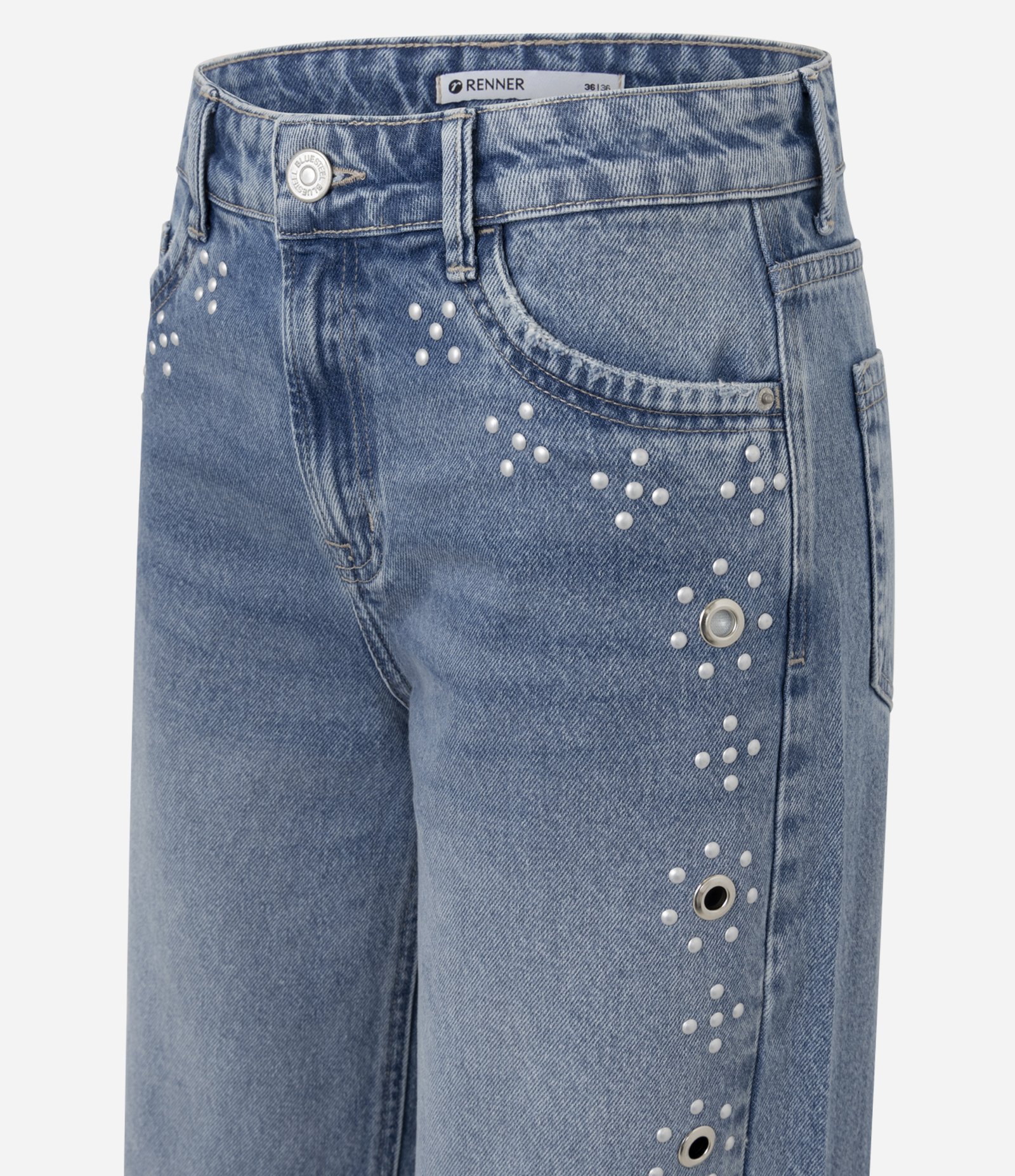 Calça Wide Leg em Jeans com Cintura Baixa e Ilhós na Lateral Azul 6