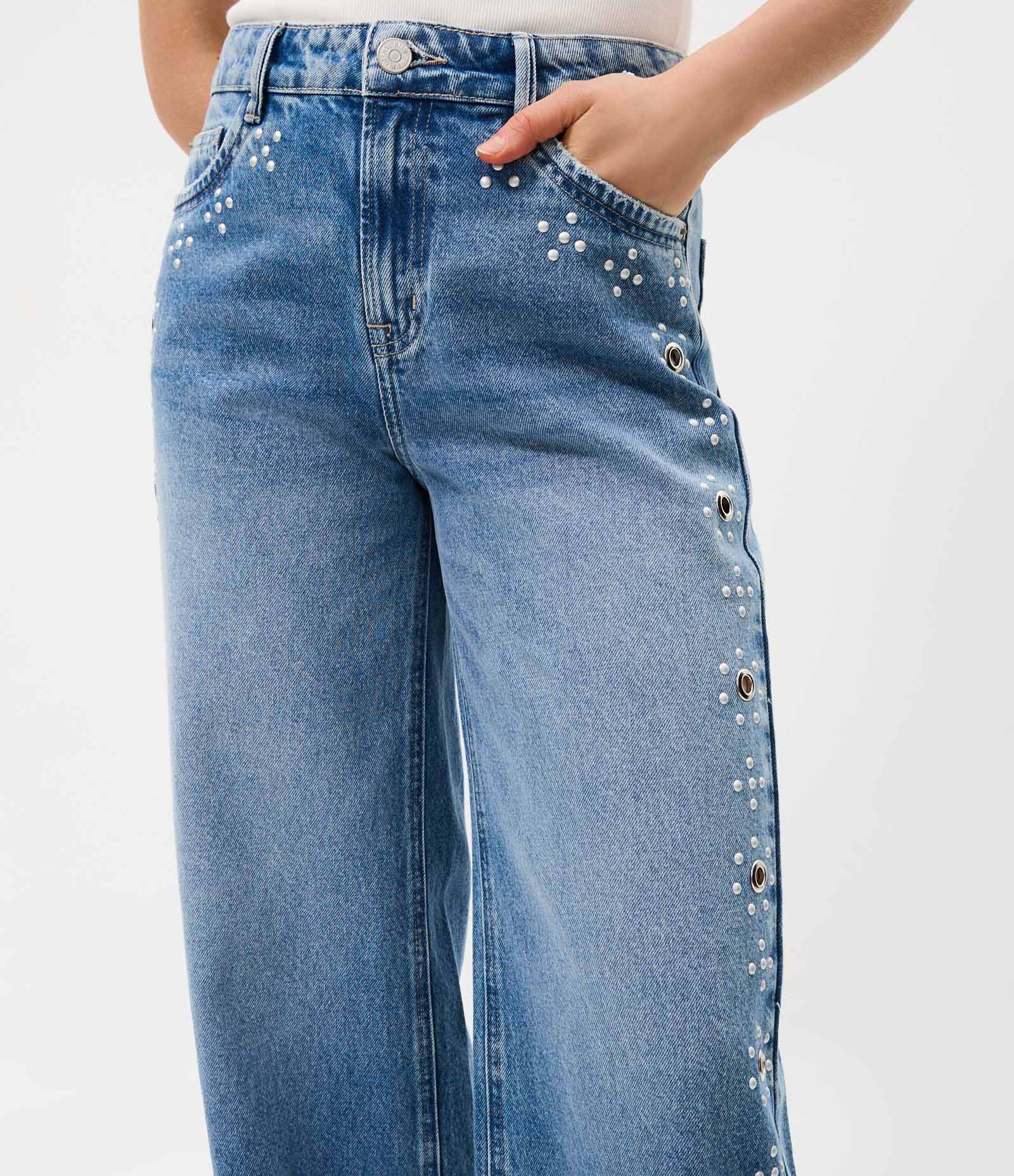 Calça Wide Leg em Jeans com Cintura Baixa e Ilhós na Lateral Azul 3