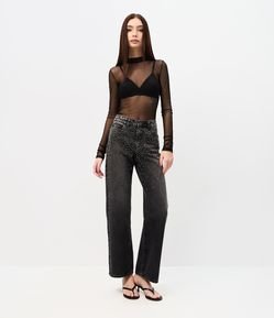 Calça Comfort Reta em Jeans com Brilho Losango e Cintura Baixa