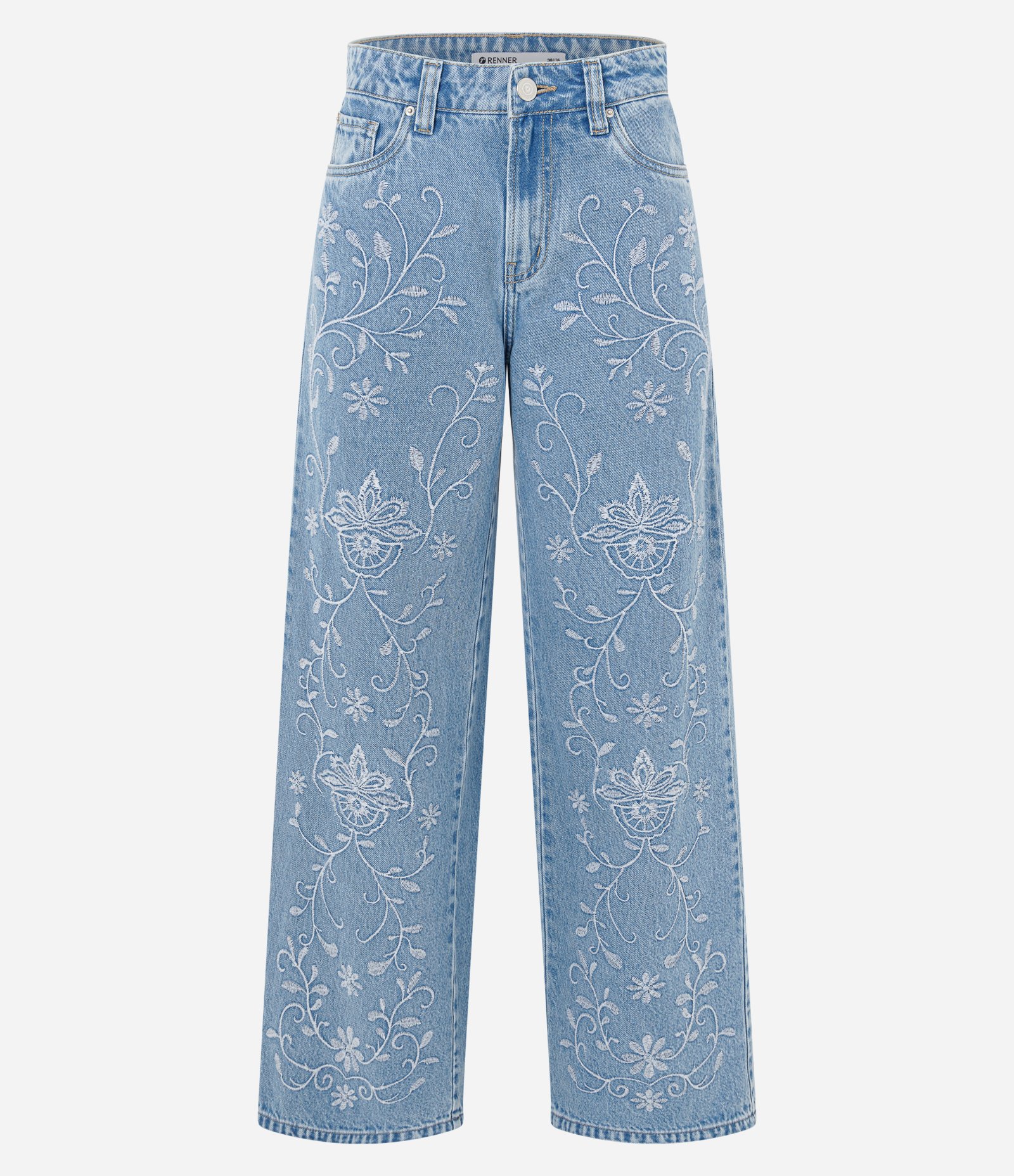Calça Wide Leg Jeans com Cintura Média e Bordado Floral Azul 5