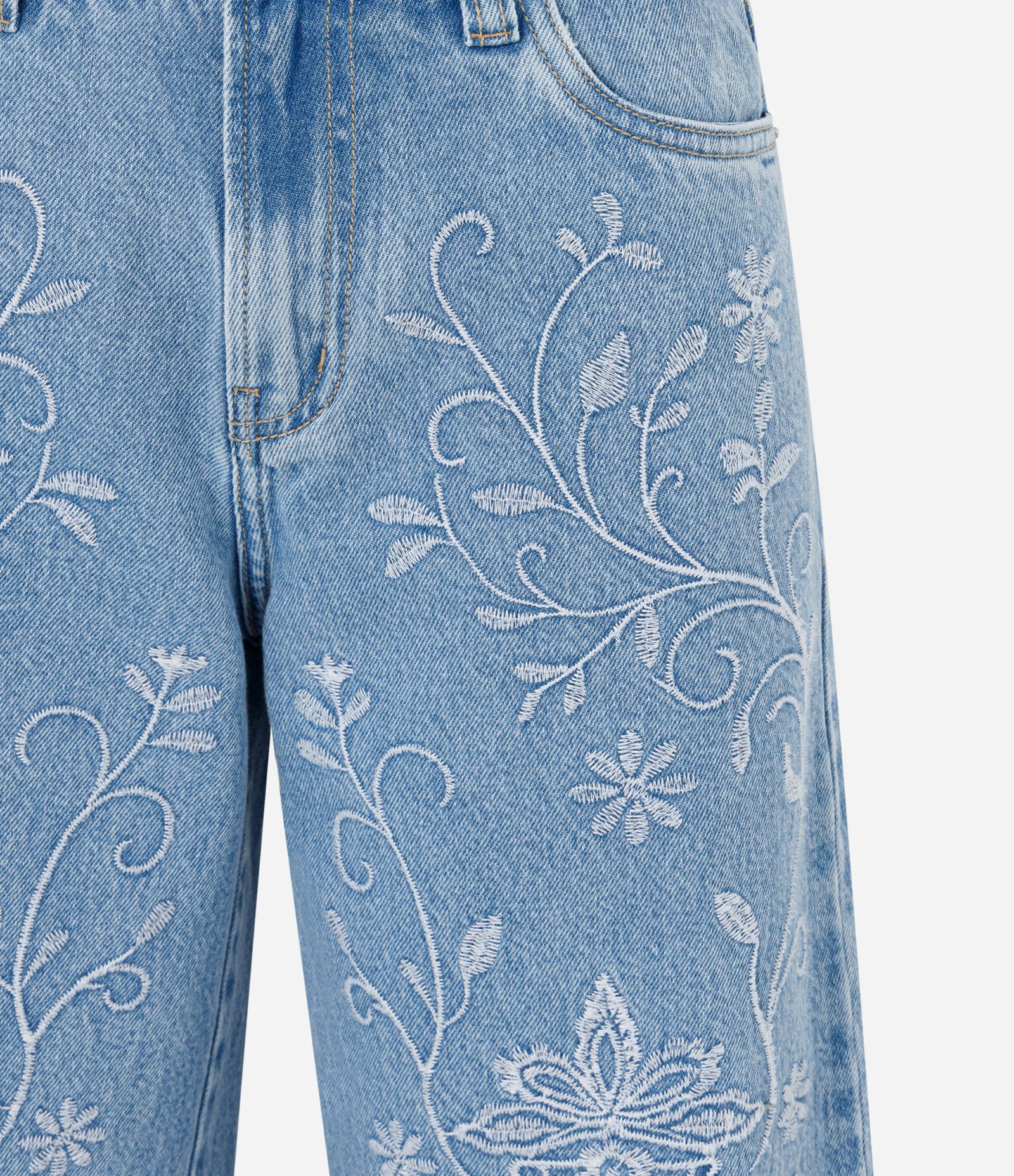 Calça Wide Leg Jeans com Cintura Média e Bordado Floral Azul 6