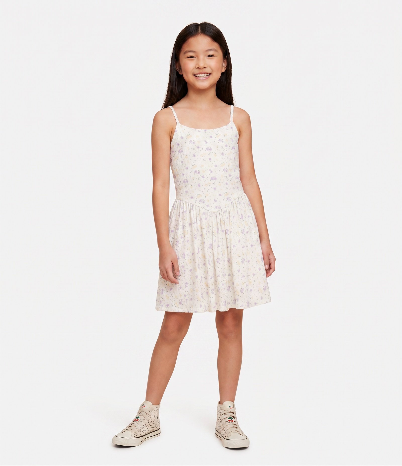 Vestido Infantil Floral em Anarruga com Saia Franzida - Tam 5 a 14 Anos Bege 1
